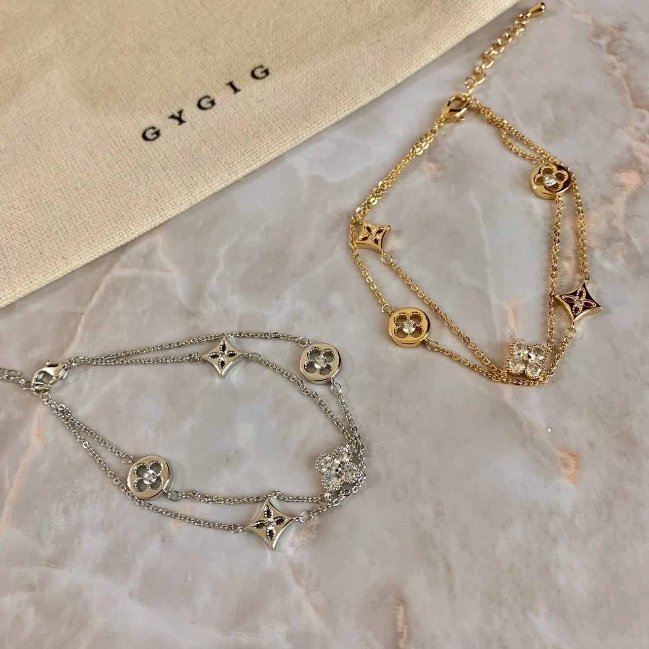 Gy”14k金銀鑽小老花雙層多花一體式手鍊