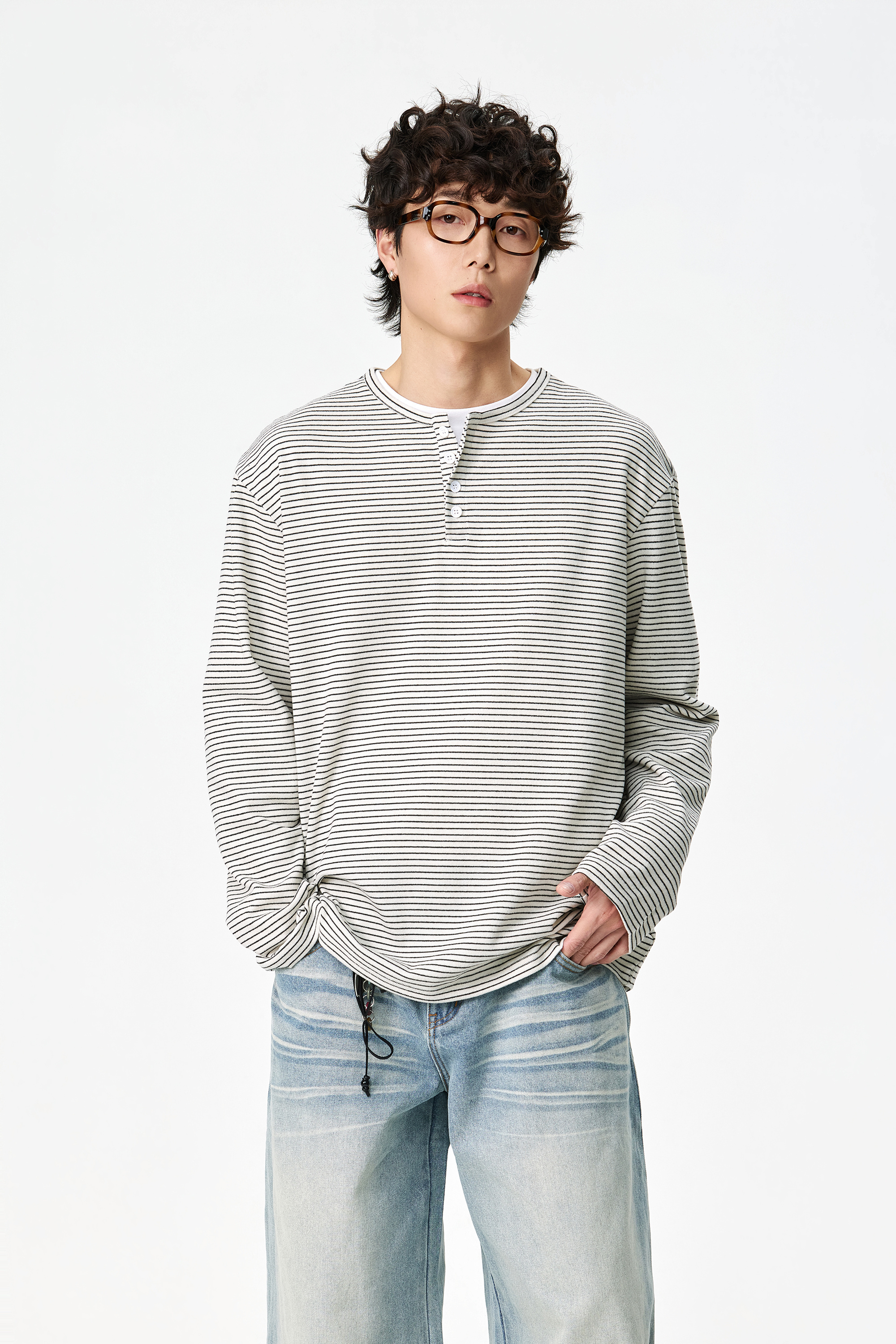 - SIMPLEACTION - 日系條紋圓領長袖上衣