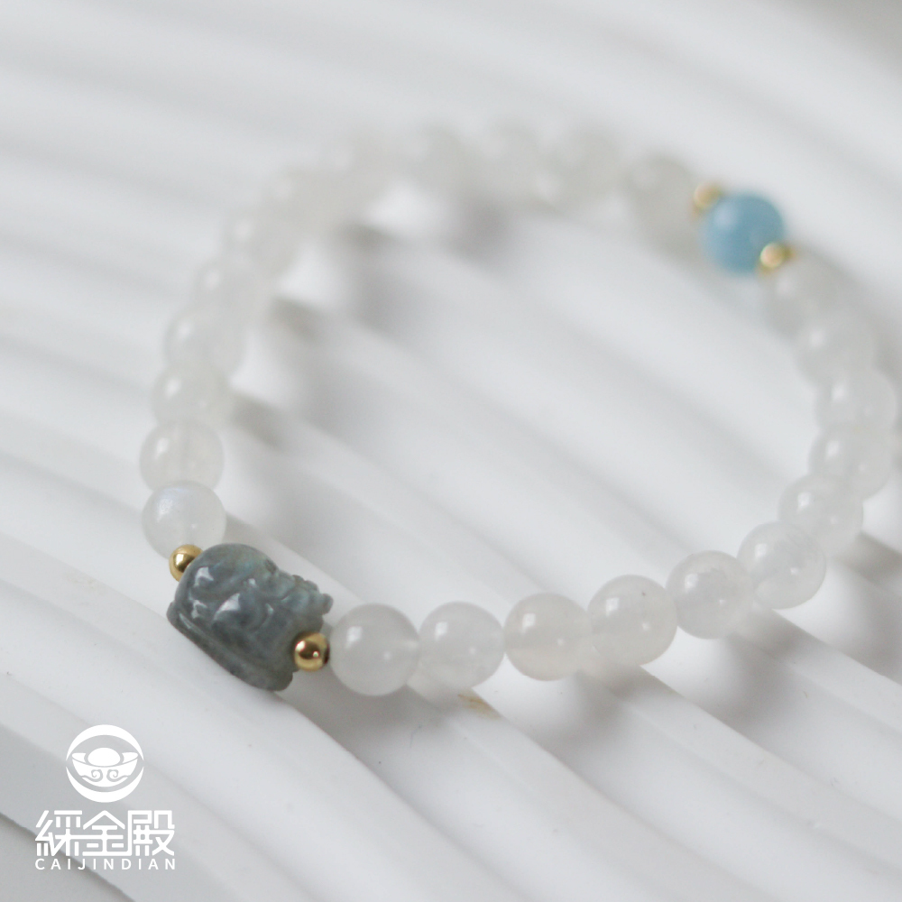 灰月光石貔貅手鍊｜海藍寶｜舒緩心靈｜事業運（含過爐）8MM【綵金殿】