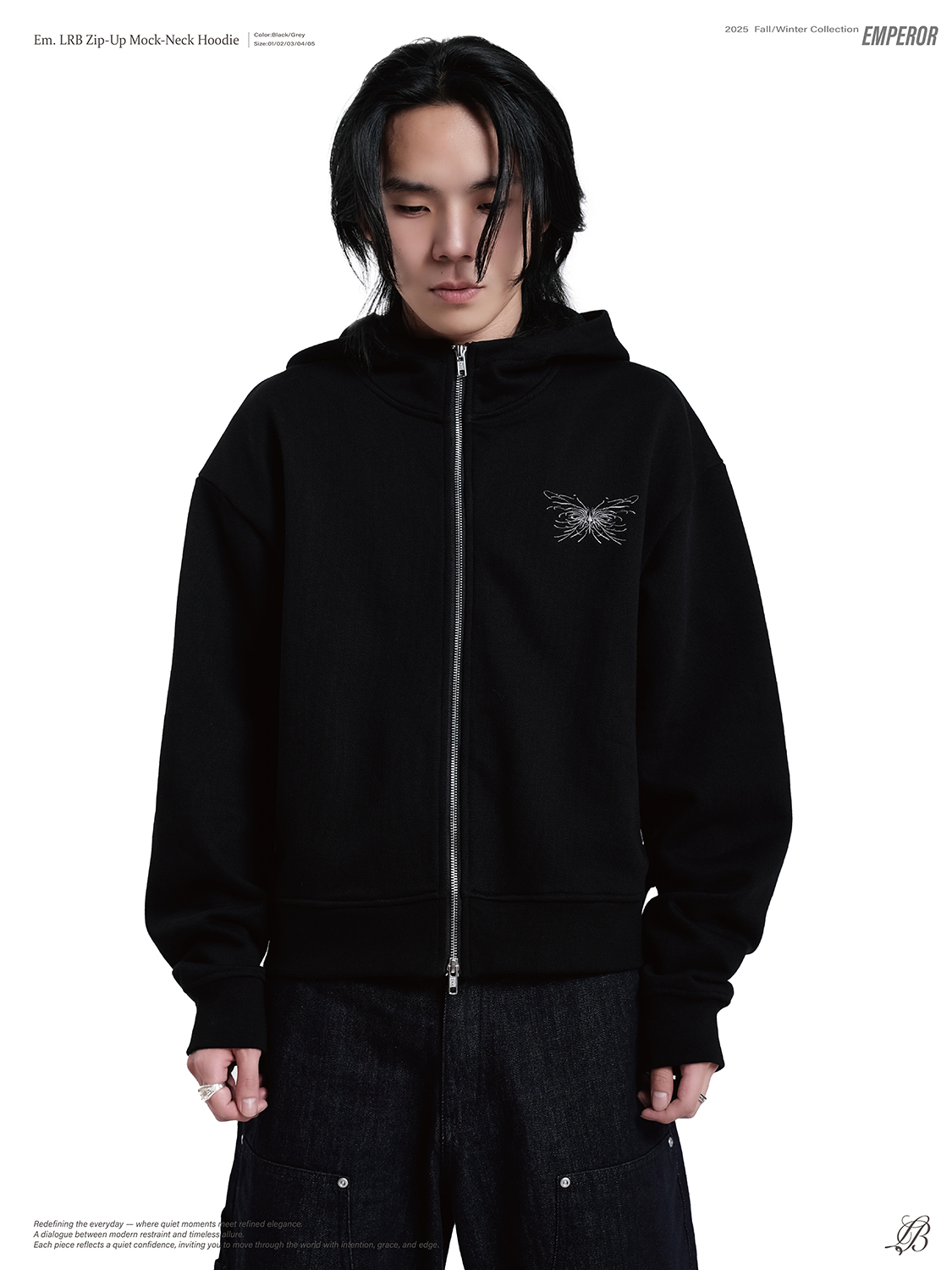 Nurari 彼岸蝶電繡連帽外套 帽夾 黑/灰 25 A/W LRB zip-up mock-neck hoodie