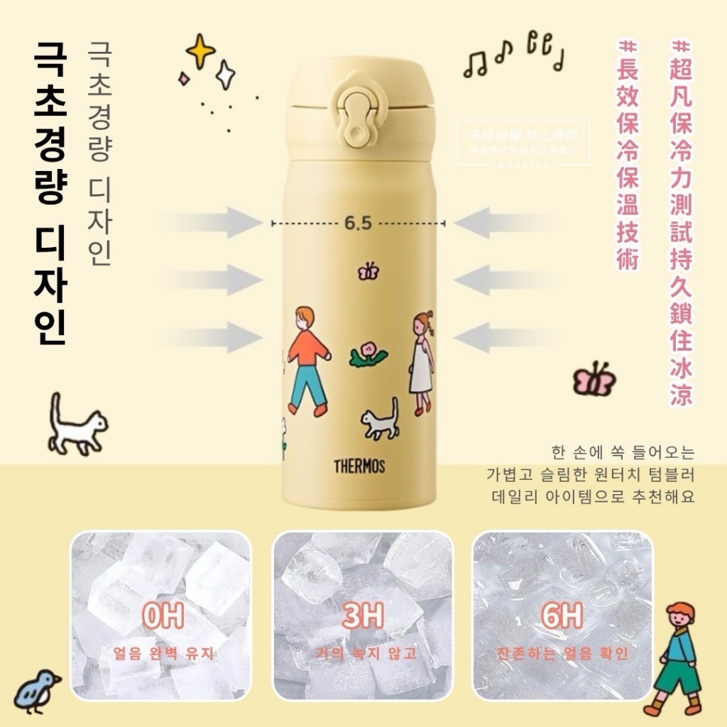 買韓國限定款膳魔師THERMOS × ZERO PER ZERO 聯名插畫超輕量保溫瓶 400ml 送 瑞典CINK圓形餐盤x1 顏色隨機