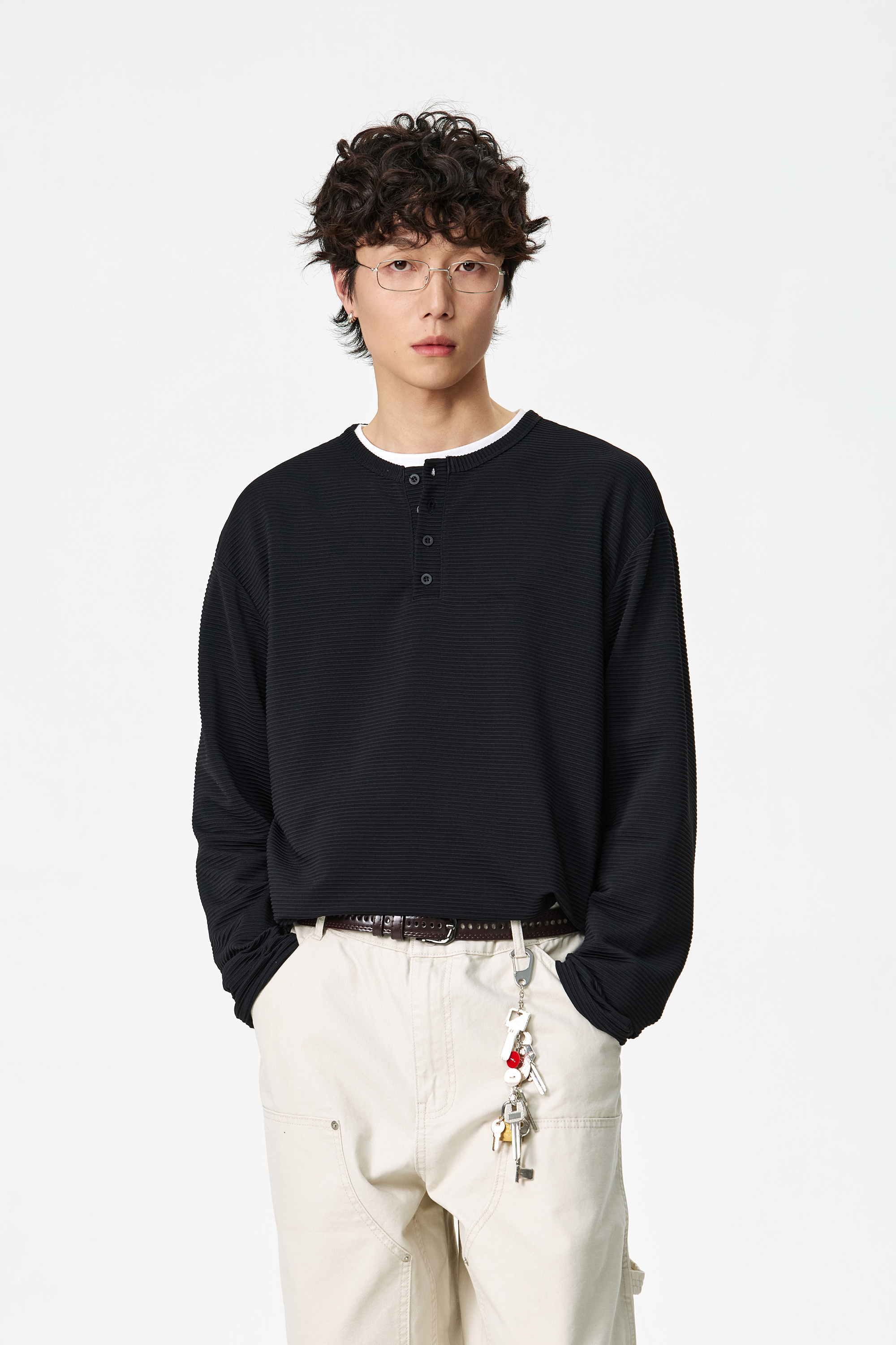 - SIMPLEACTION - 日系cleanfit素色條紋長袖上衣