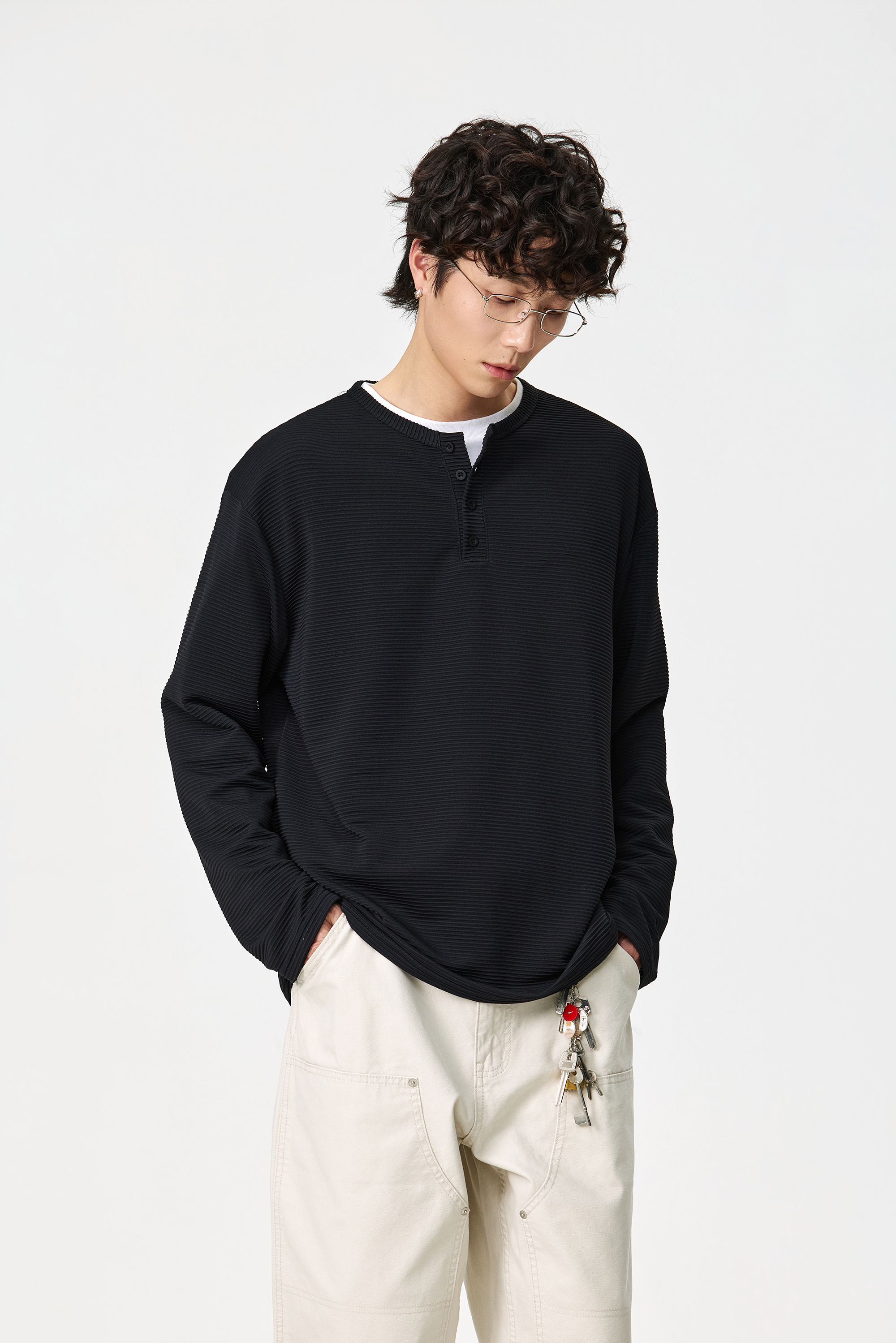 - SIMPLEACTION - 日系cleanfit素色條紋長袖上衣