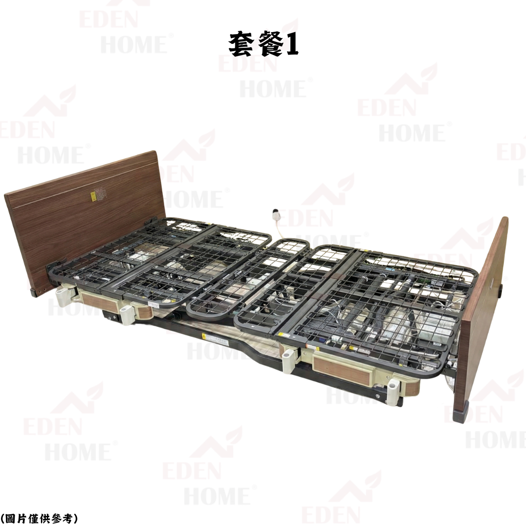 多功能電動床架平放展示，配木紋床頭及床尾板，清楚可見金屬承托架及升降結構，標示套餐1，適合搜尋電動床架香港、電動護理床及電動床套餐的用家作網購比較參考。