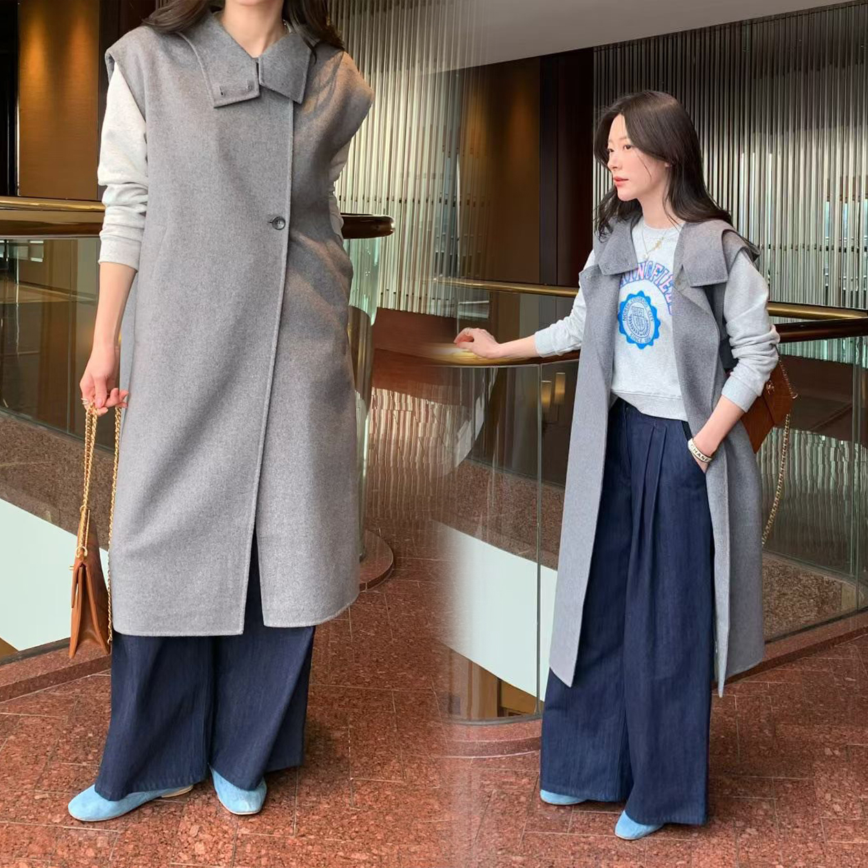 歐美女子翻領單釦造型長版背心外套 / 2色