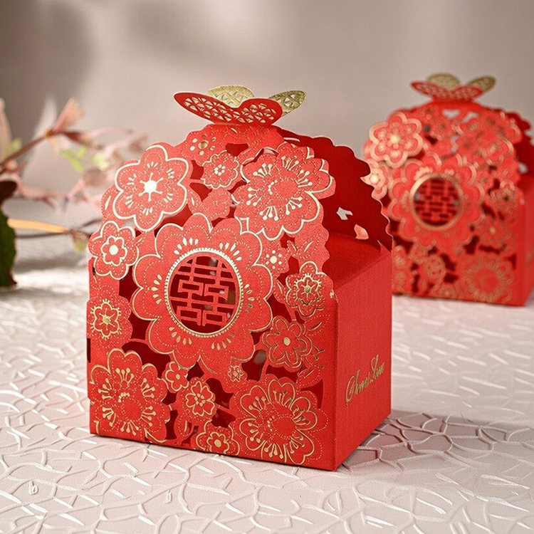 紅色鏤空雙喜花蝶婚禮喜糖盒 Red Hollow Double Happiness Flower Butterfly Wedding Candy Box,婚禮小物,桌上禮