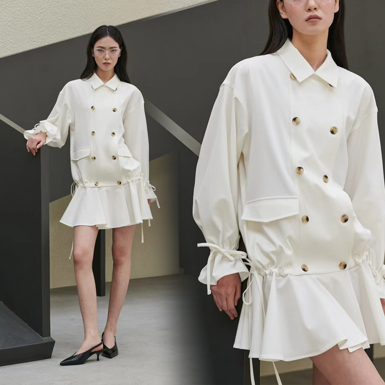 雙排釦抽繩魚尾裙造型翻領短洋裝 / 2色