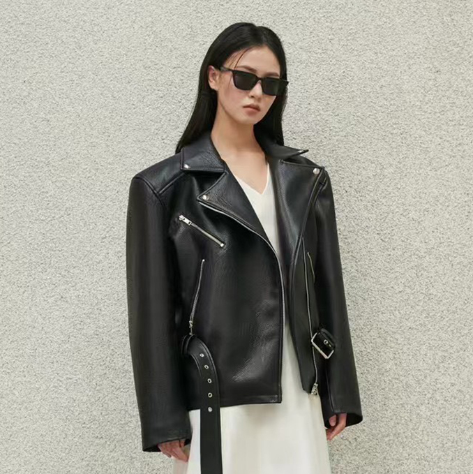 經典黑寬堅挺版騎士風皮衣外套