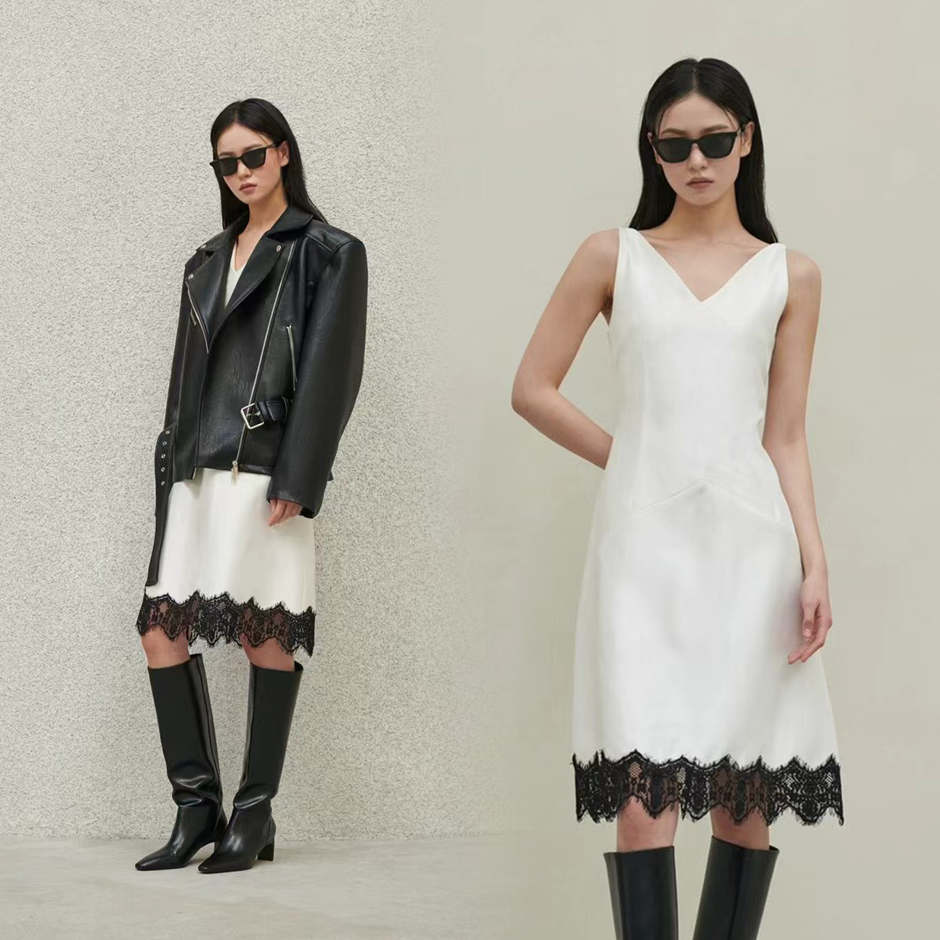下擺拼接黑色睫毛蕾絲造型背心裙洋裝 / 2色
