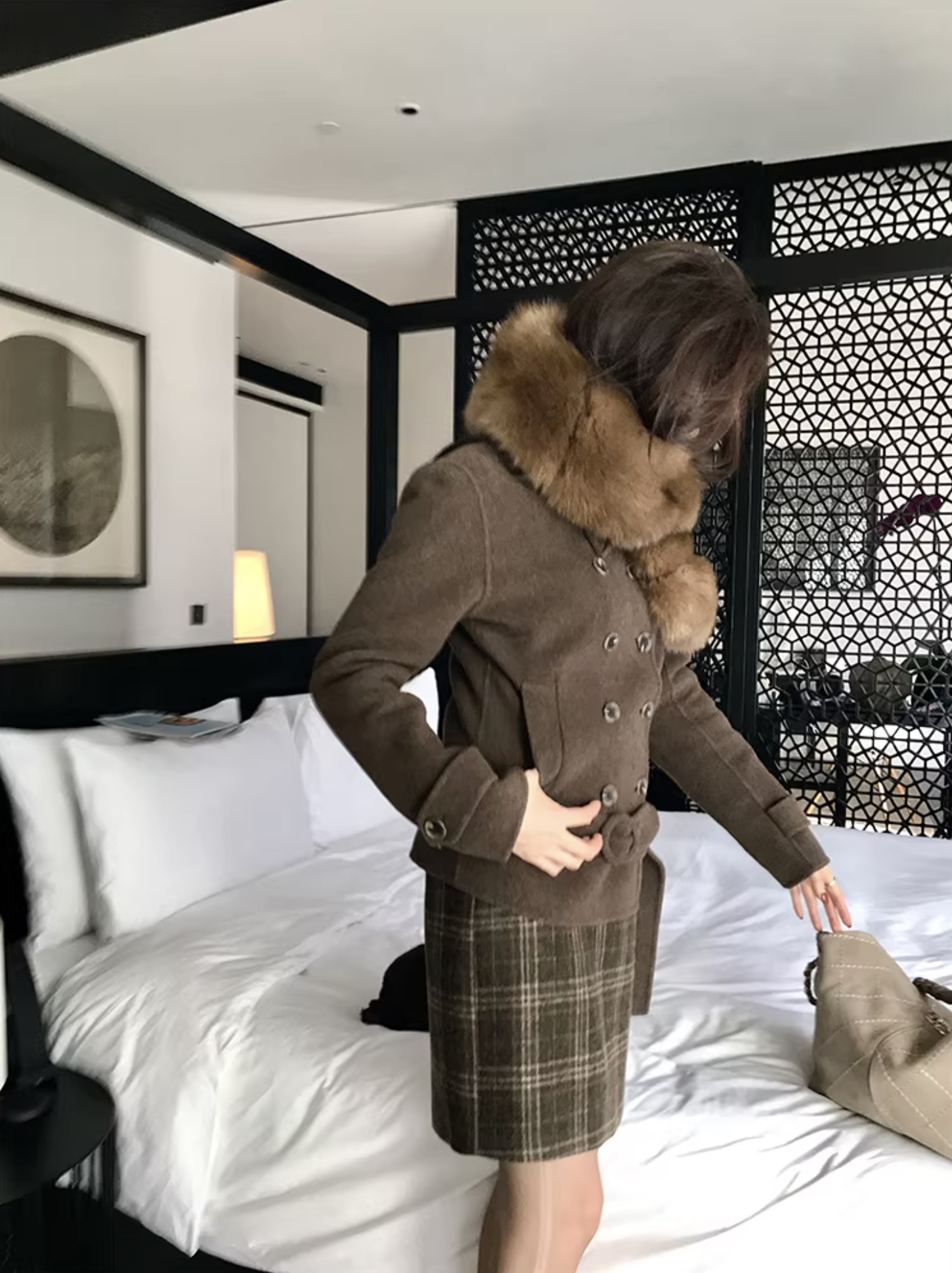 附腰帶造型巧克力配色格紋毛呢短裙-S-XXL (Elegant & Love)