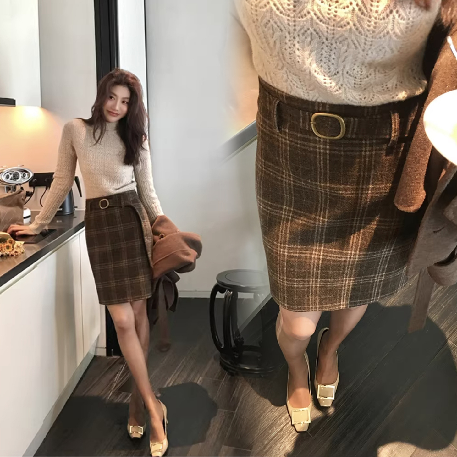 附腰帶造型巧克力配色格紋毛呢短裙-S-XXL (Elegant & Love)