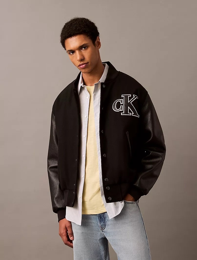 Calvin Klein CK 專櫃款 真皮皮袖拼接 羊毛 棒球外套