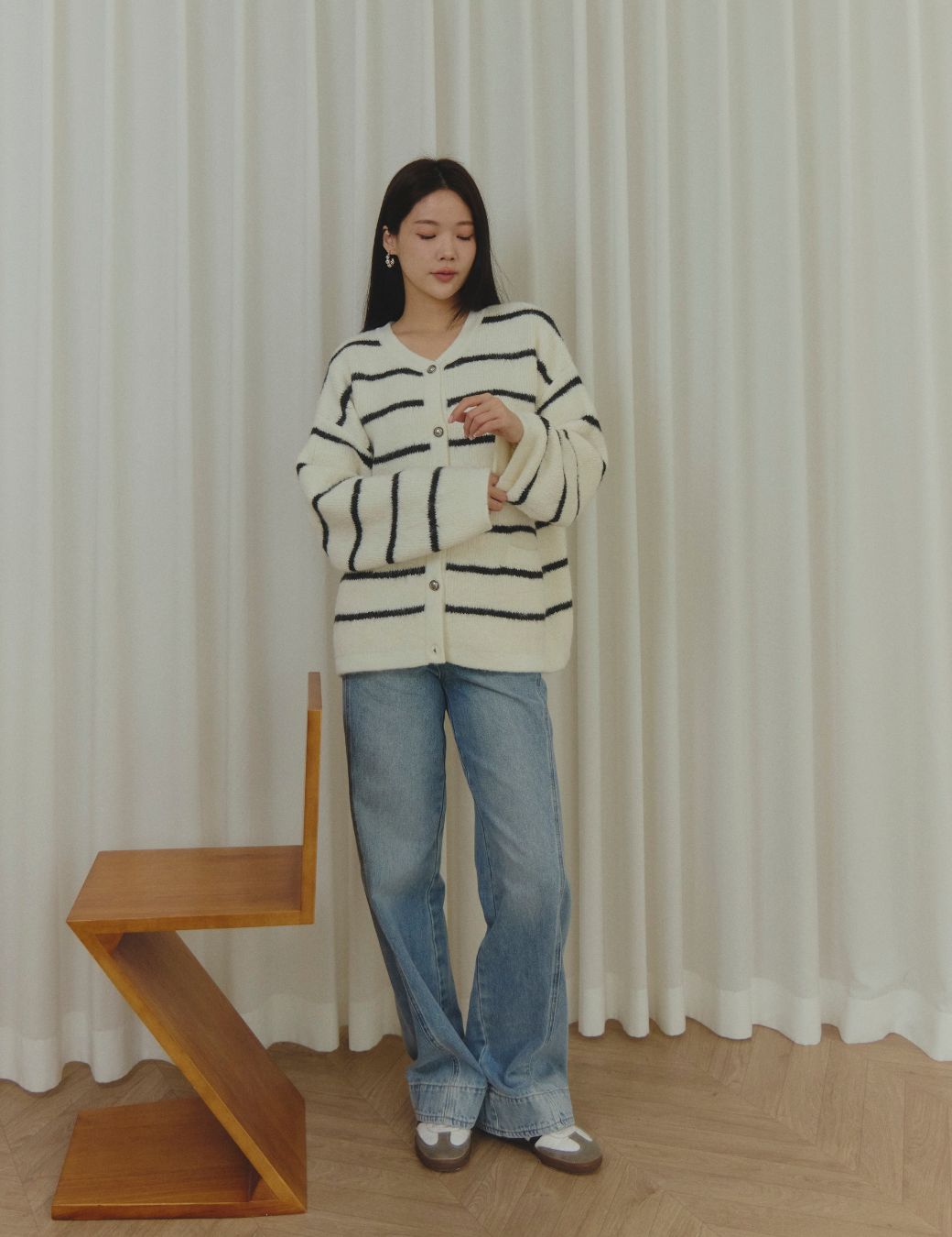 蓬鬆感條紋針織外套