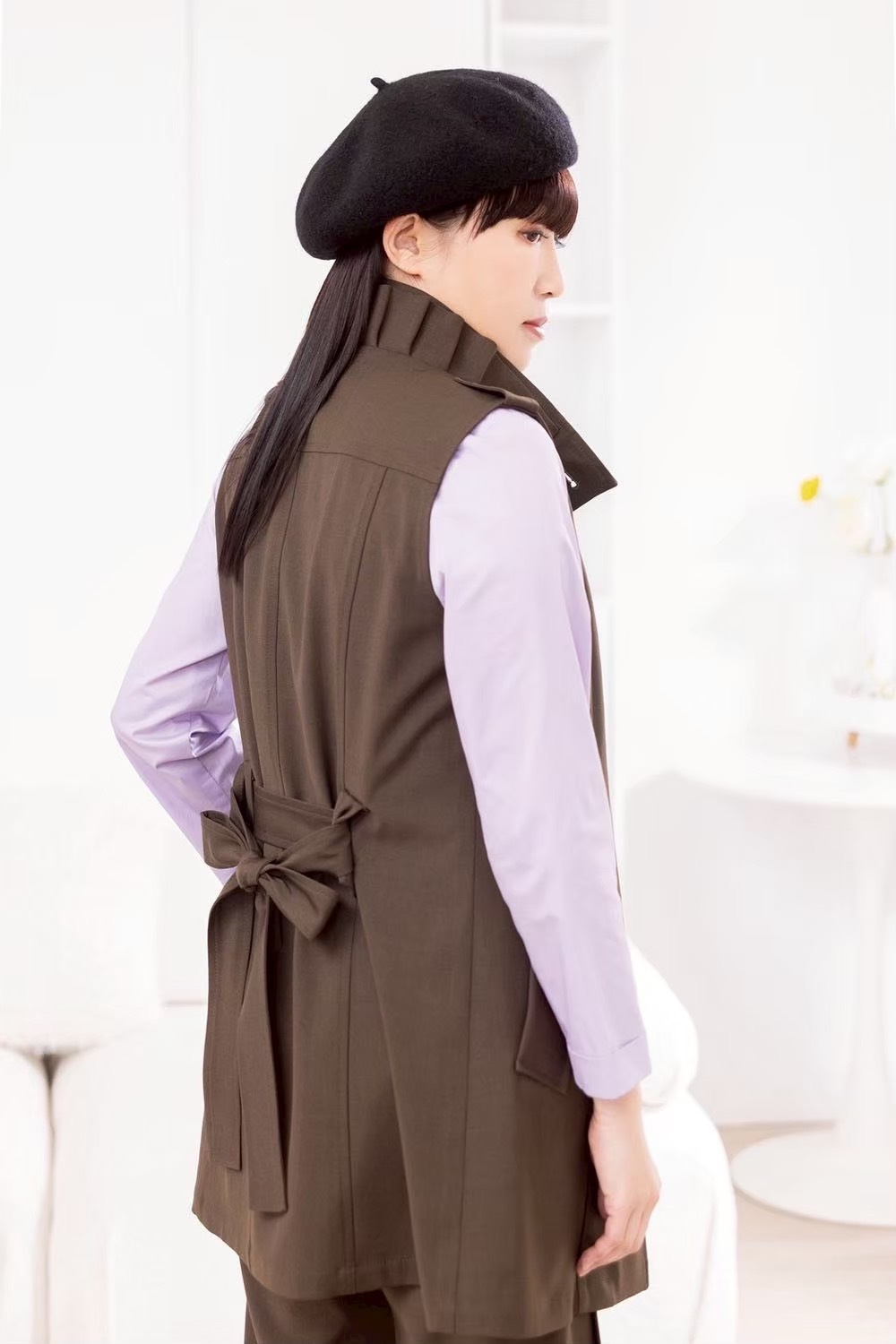 時尚OL英倫復古風領子造型綁帶設計修身長版背心X6502