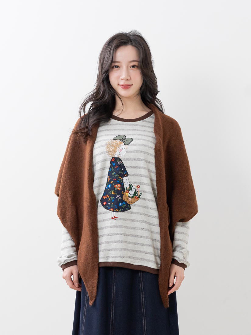 碎花拼布條紋毛圈布大學T