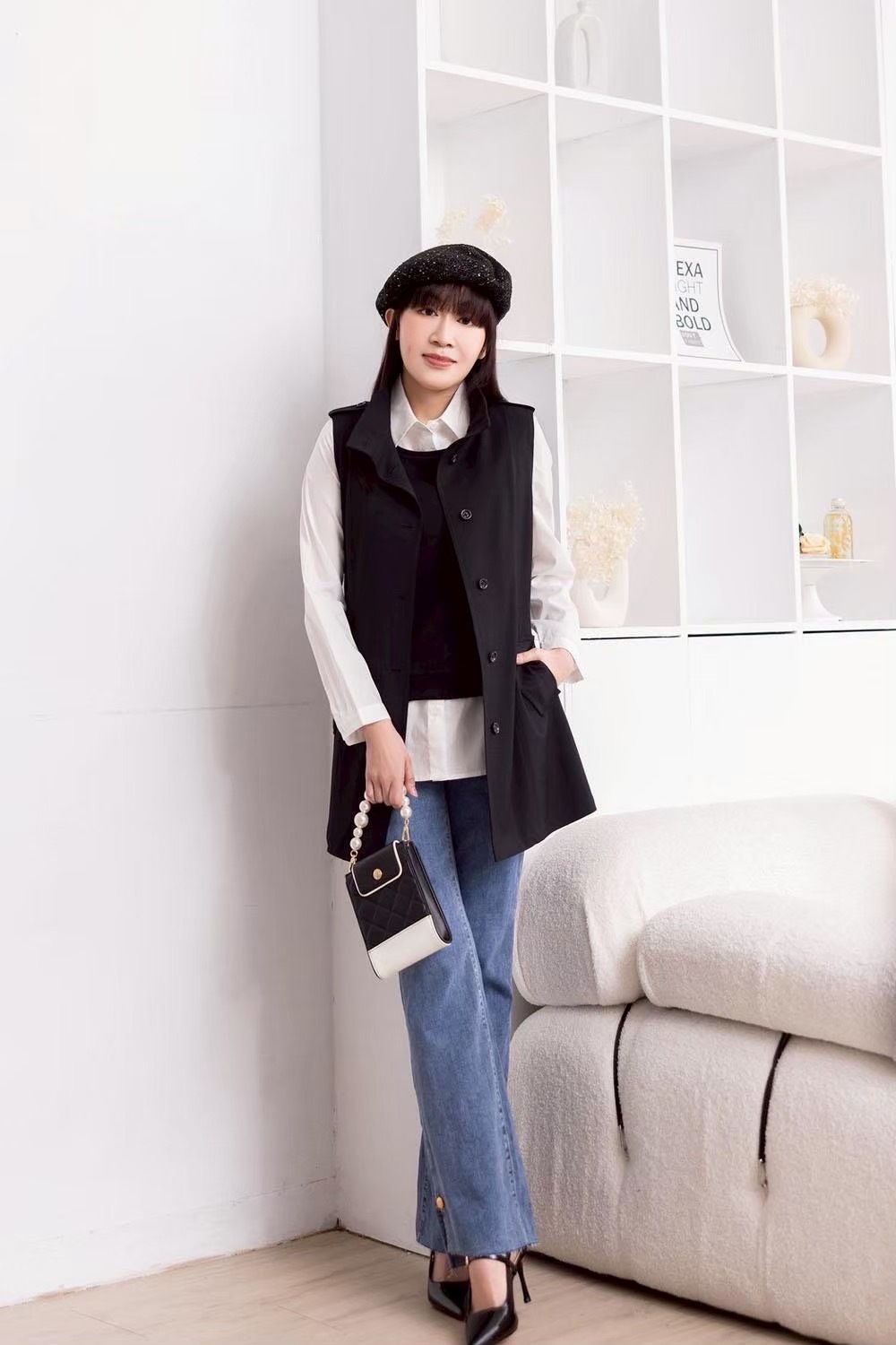 時尚OL英倫復古風領子造型綁帶設計修身長版背心X6502