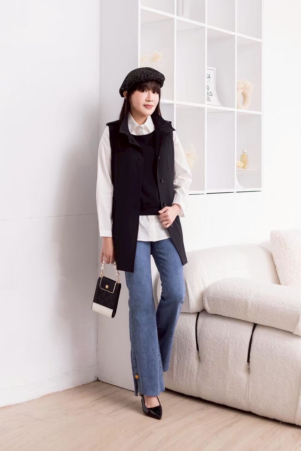 時尚OL英倫復古風領子造型綁帶設計修身長版背心X6502