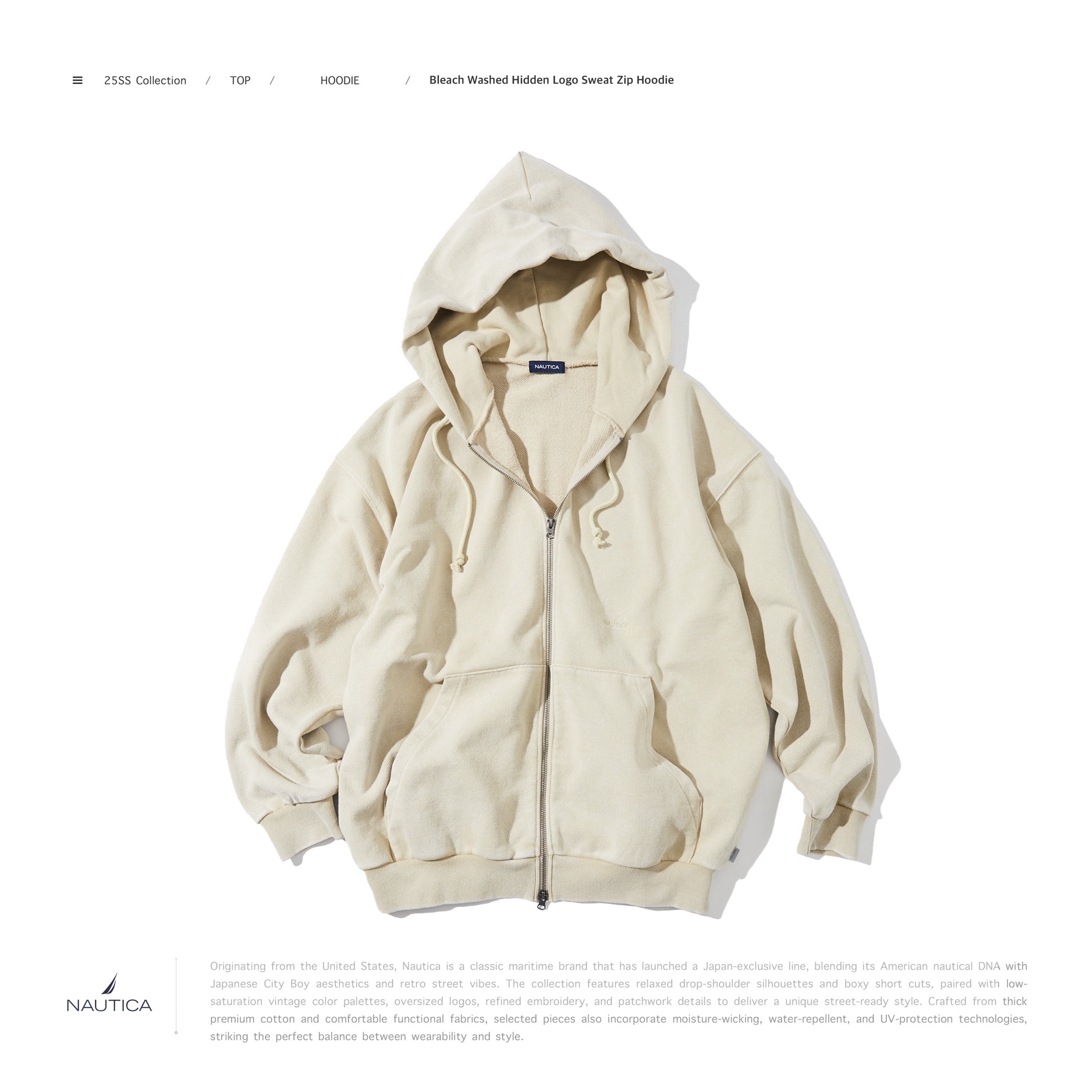 NAUTICA - Bleach Washed Hidden Logo Sweat Zip Hoodie