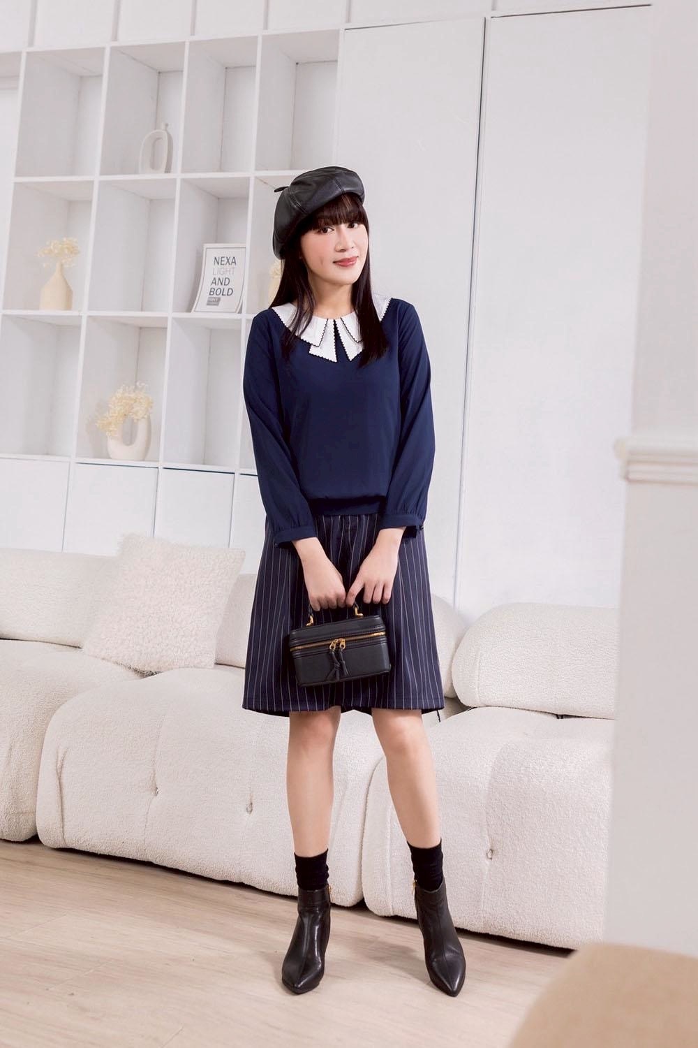 韓版OL時尚修身打摺經典藍白條短褲裙X6191