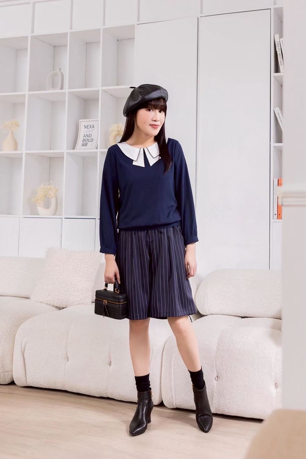 韓版OL時尚修身打摺經典藍白條短褲裙X6191
