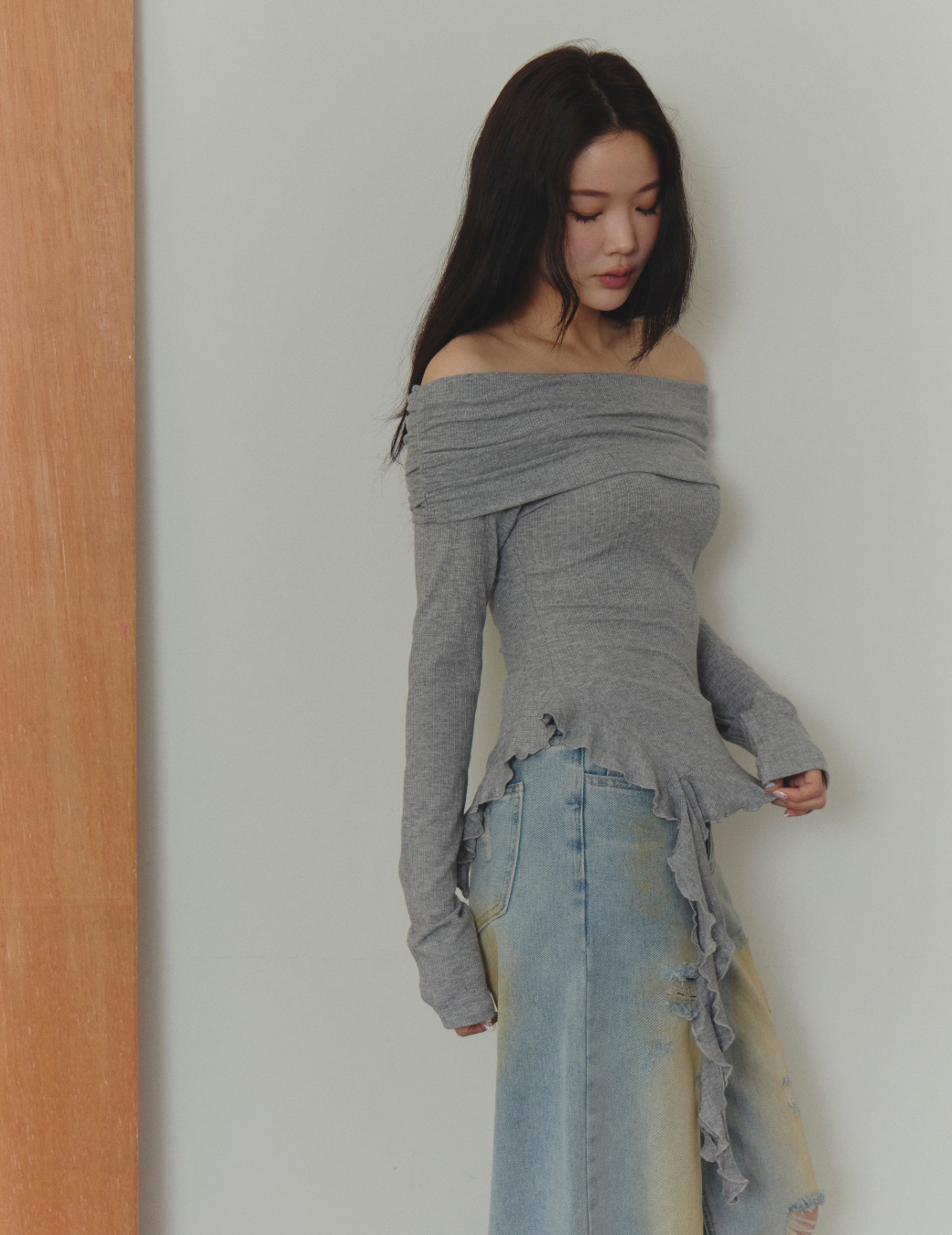 翻領垂墜設計平口上衣（灰色/3尺寸）