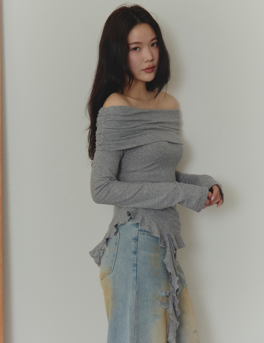 翻領垂墜設計平口上衣（灰色/3尺寸）