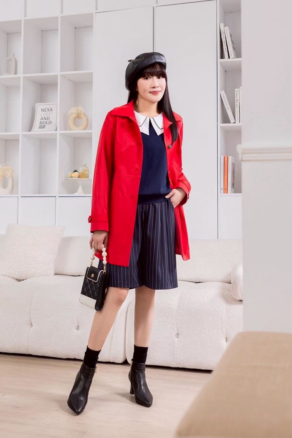 時尚優雅復古風修腰身後蝴蝶結造型設計風衣外套X6561