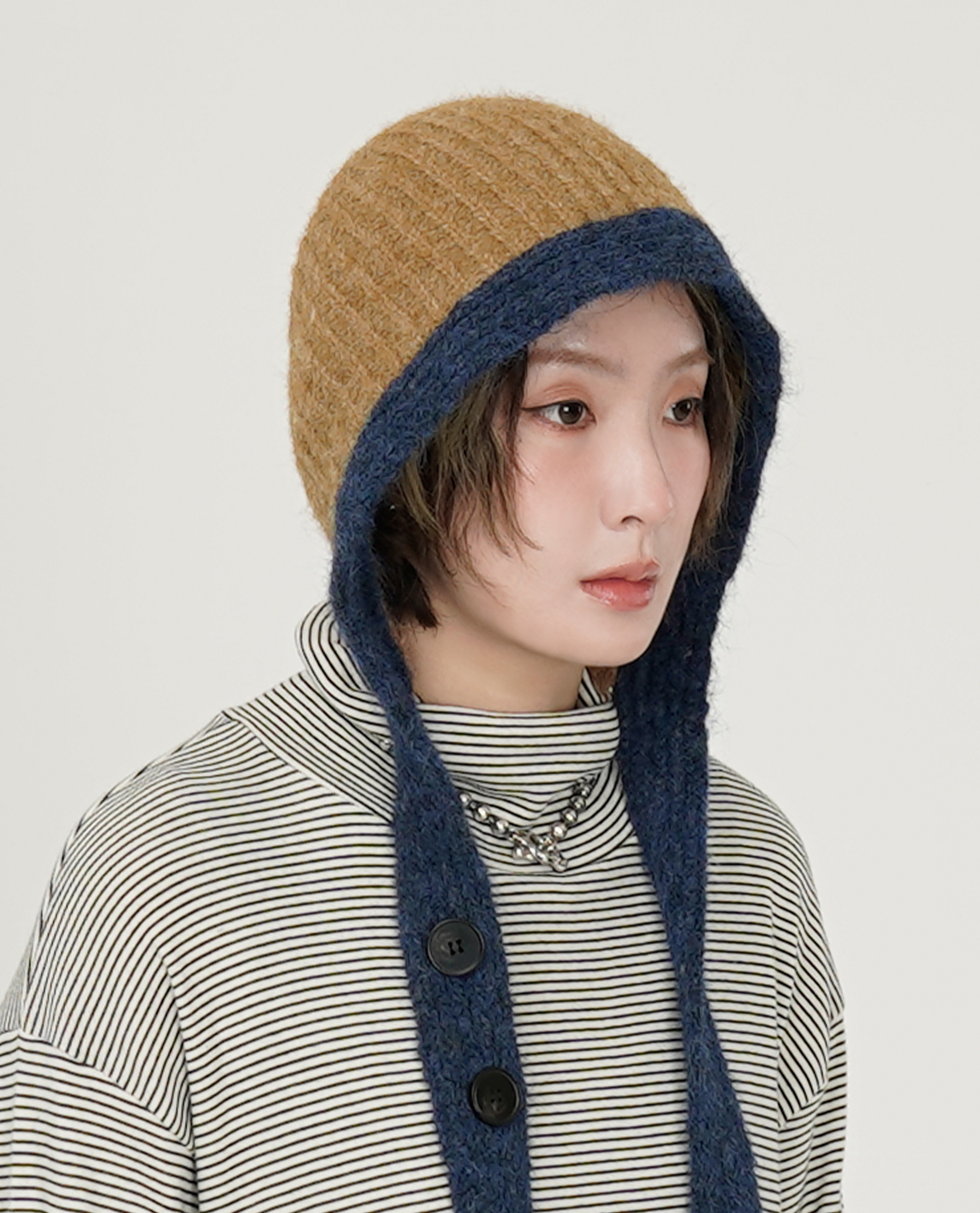 撞色粗針織長耳帽