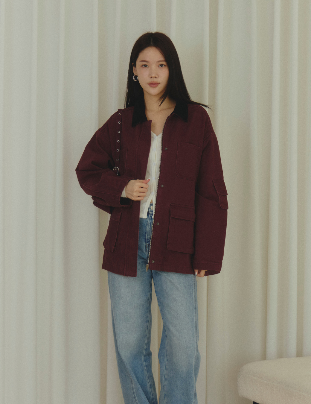 拼接領斜紋口袋外套