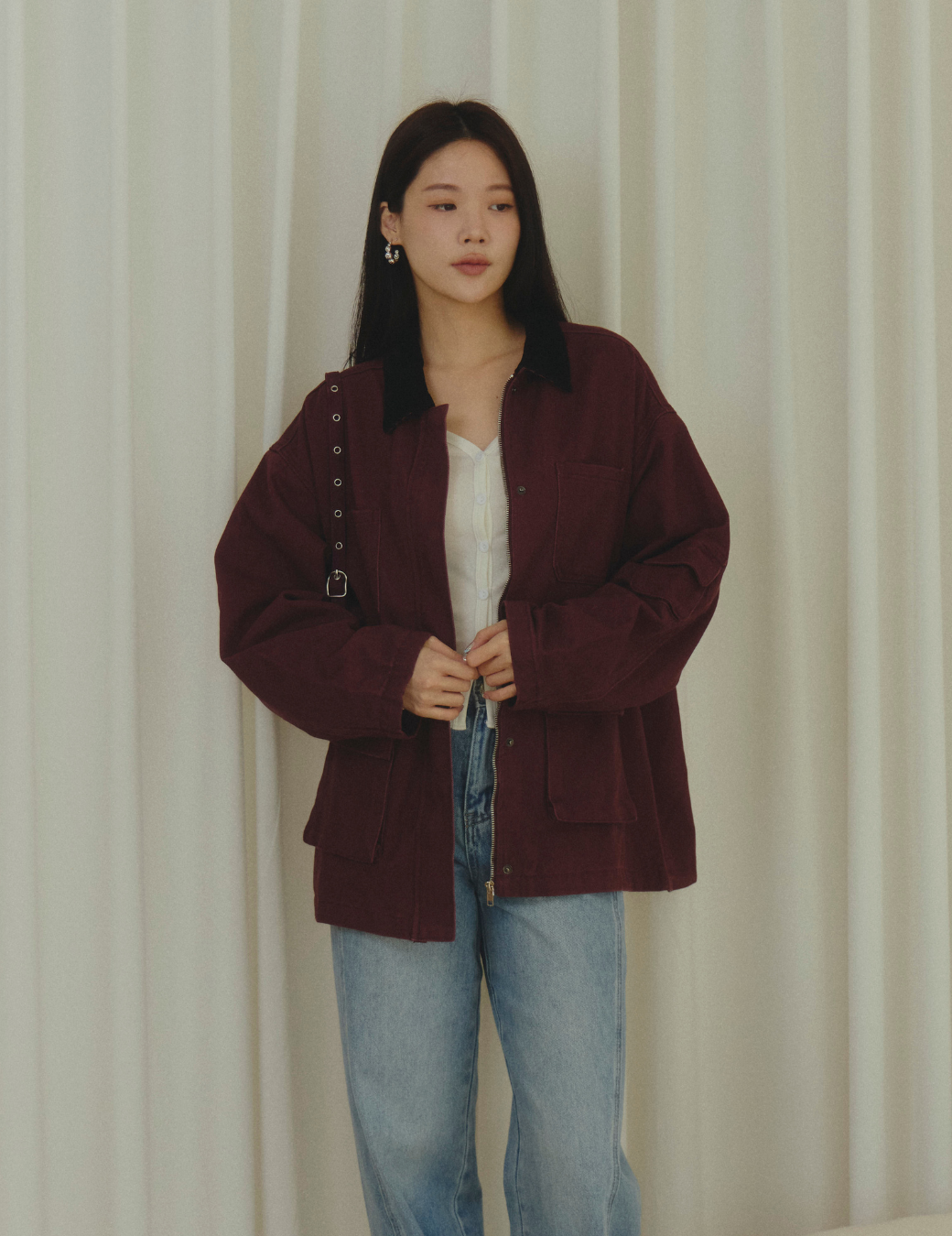 拼接領斜紋口袋外套