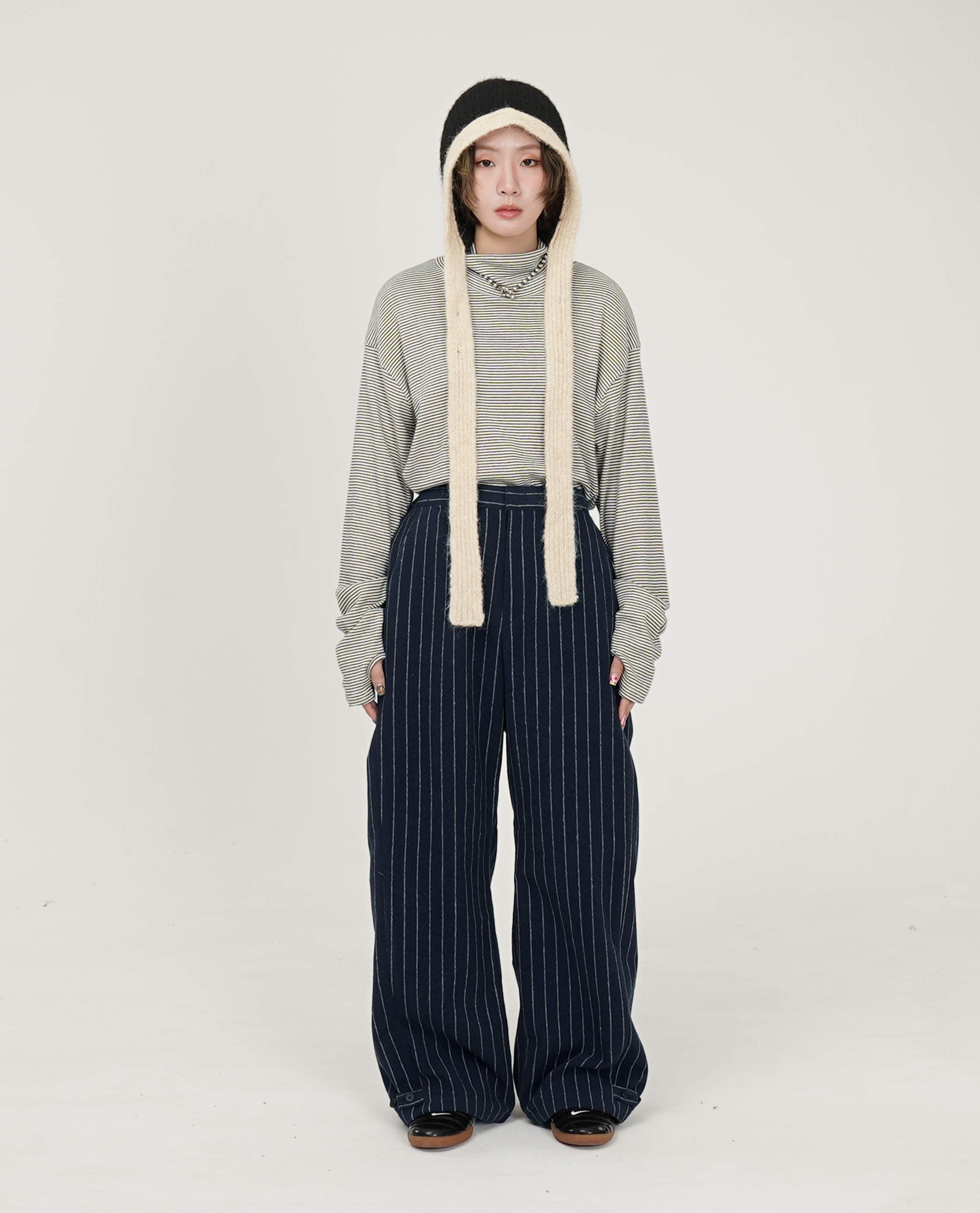 毛呢條紋足口可調西裝褲