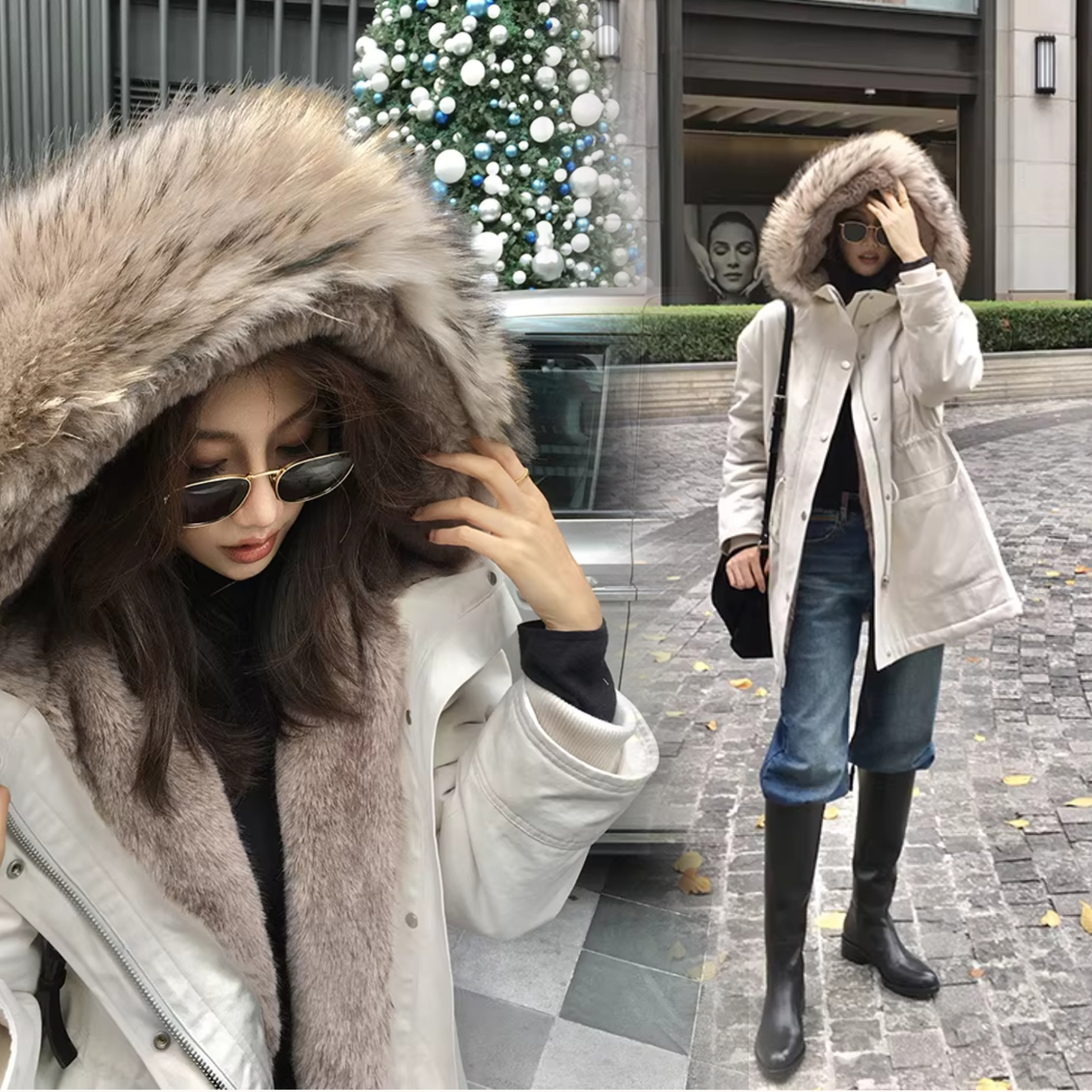 奶油白澎澎毛領連帽造型工裝外套-S-L (Elegant & Love)