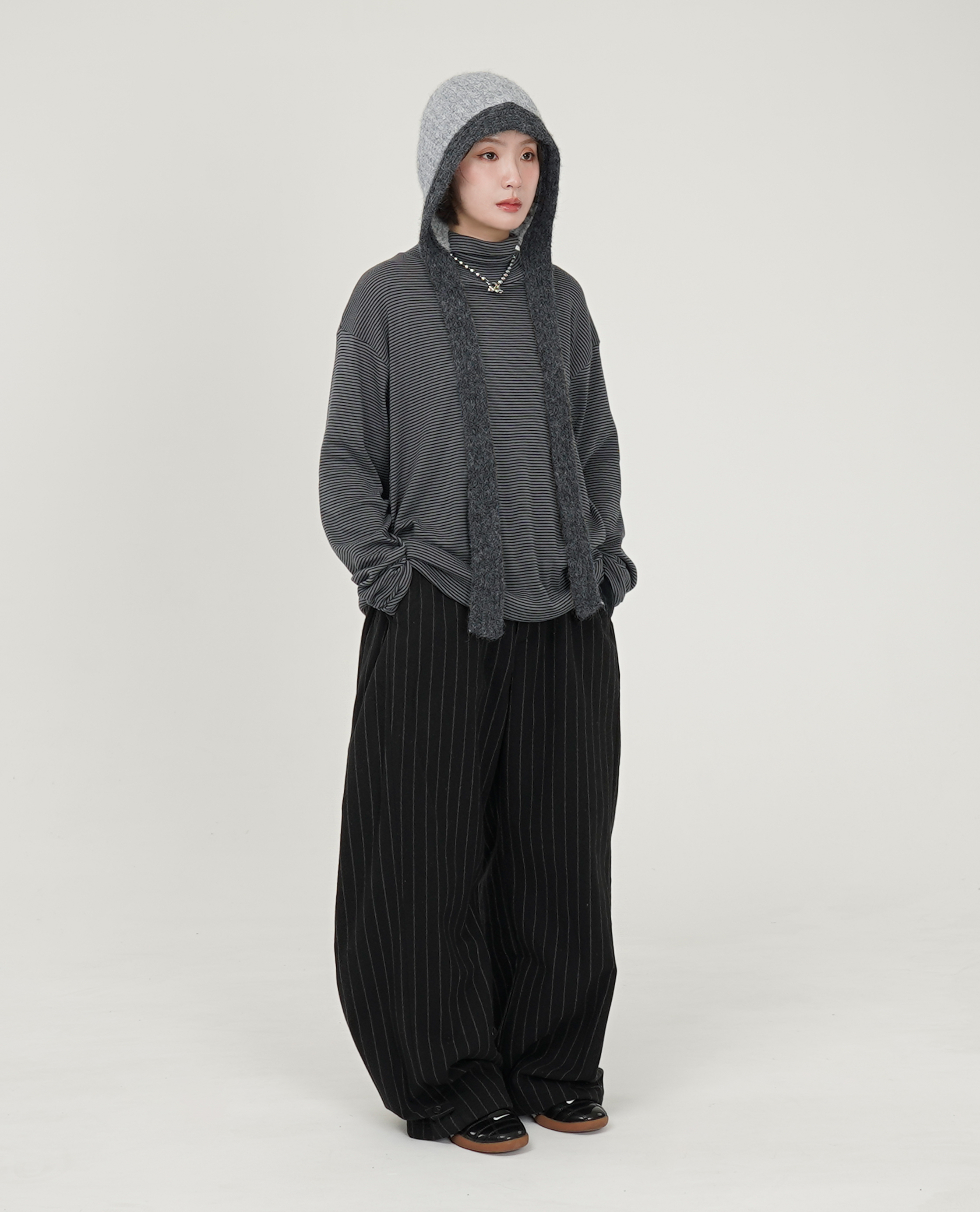 軟料條紋高領長袖t