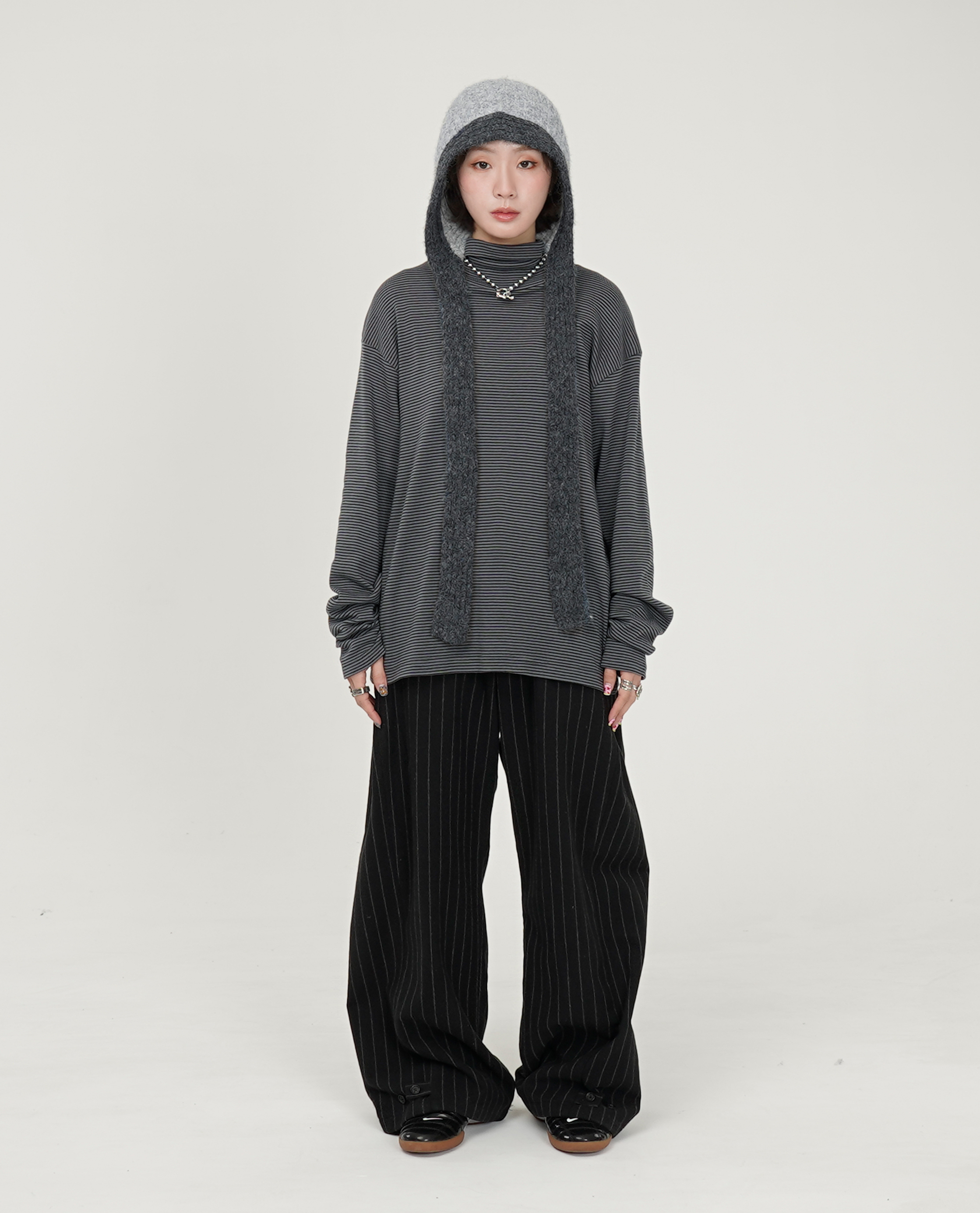 軟料條紋高領長袖t