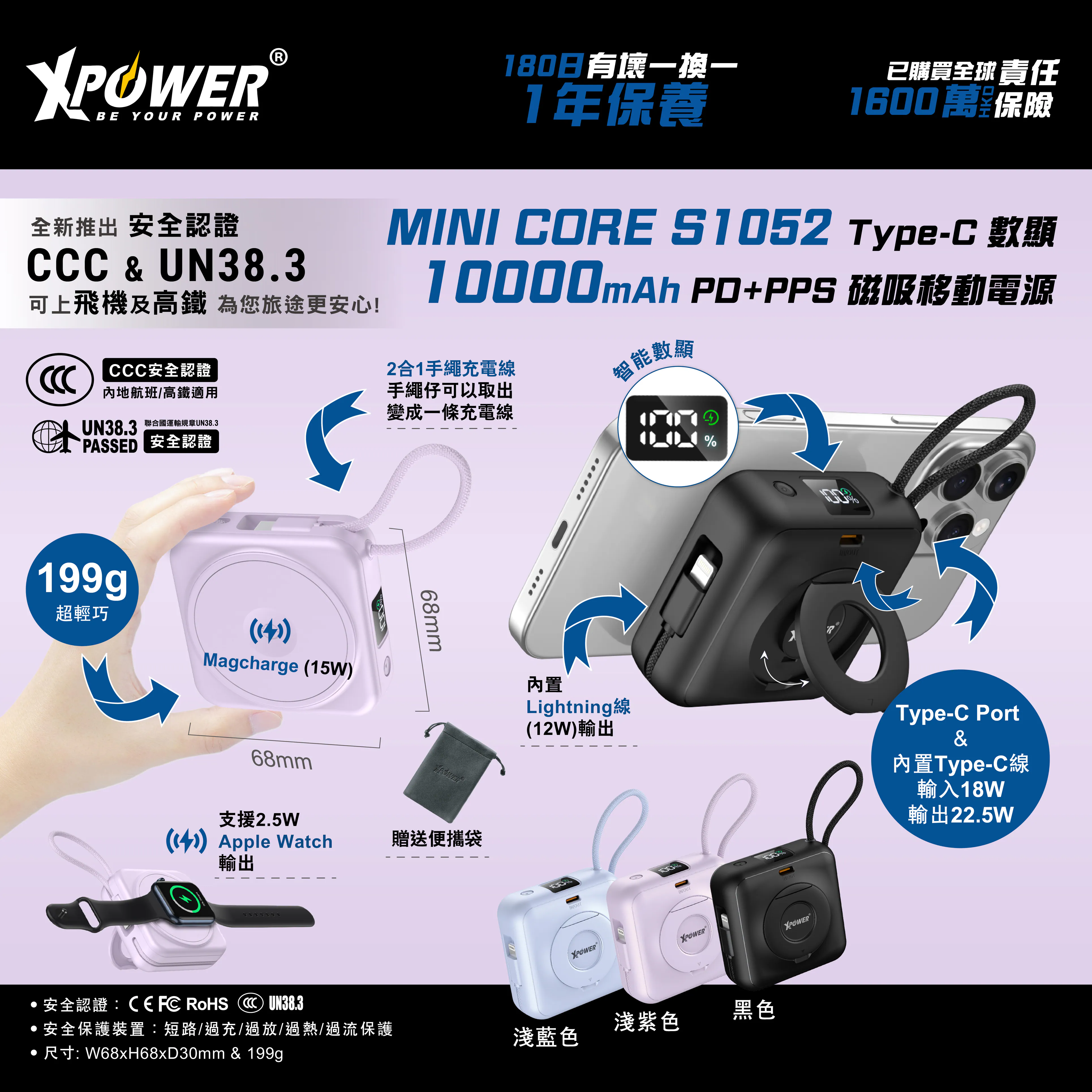 XPower MINI CORE S1052 Type-c 數顯 10000mAh PD+PPS 磁吸移動電源 (3C認證)