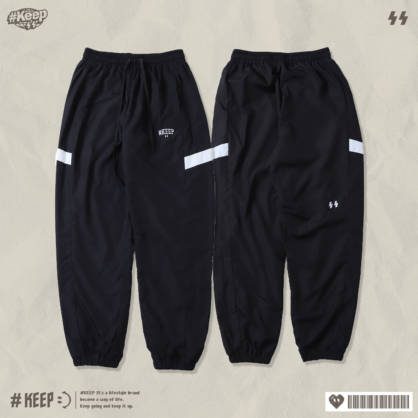 #KEEP ARC SHADOW SPORTS PANTS 黑色 閃電 縮口 網布內裡 弧影 運動 長褲【KS338】