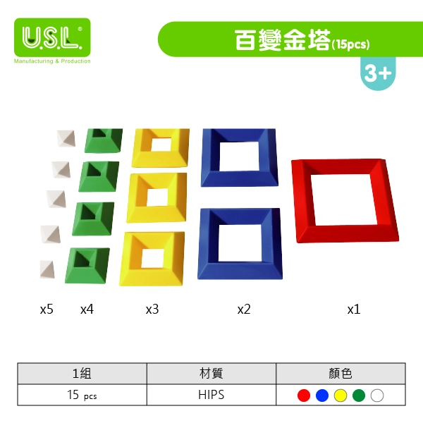 《 台灣製USL遊思樂 》 百變金塔(英文彩盒,15pcs) C4004C02