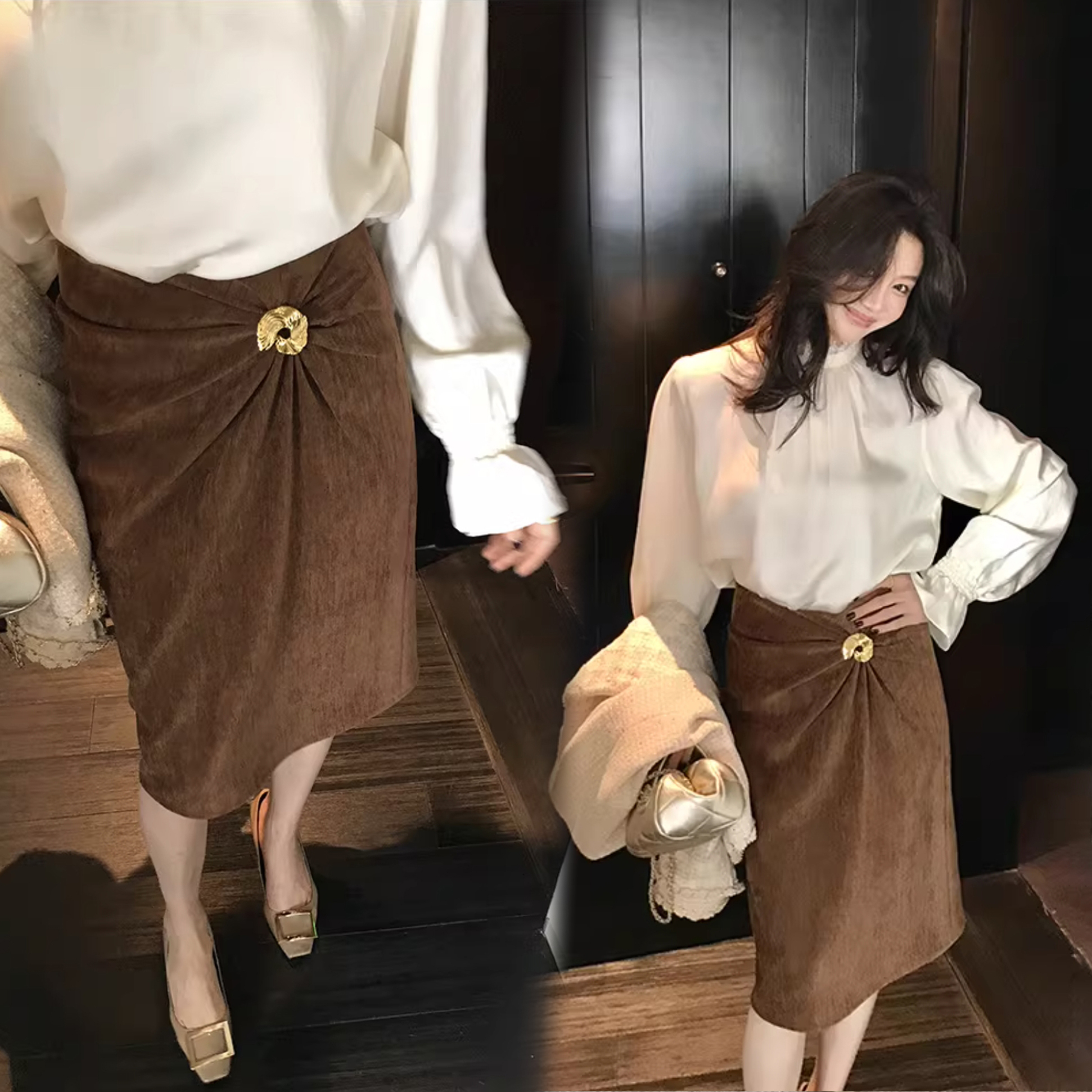 金屬圈環抓褶造型巧克力色鉛筆裙-S-XXL (Elegant & Love)