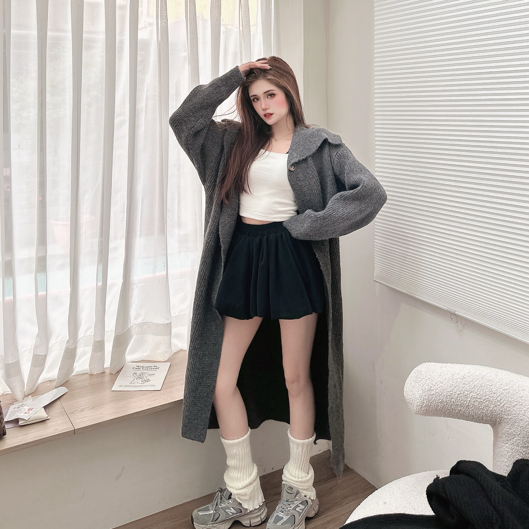 翻領風衣式針織外套/三色