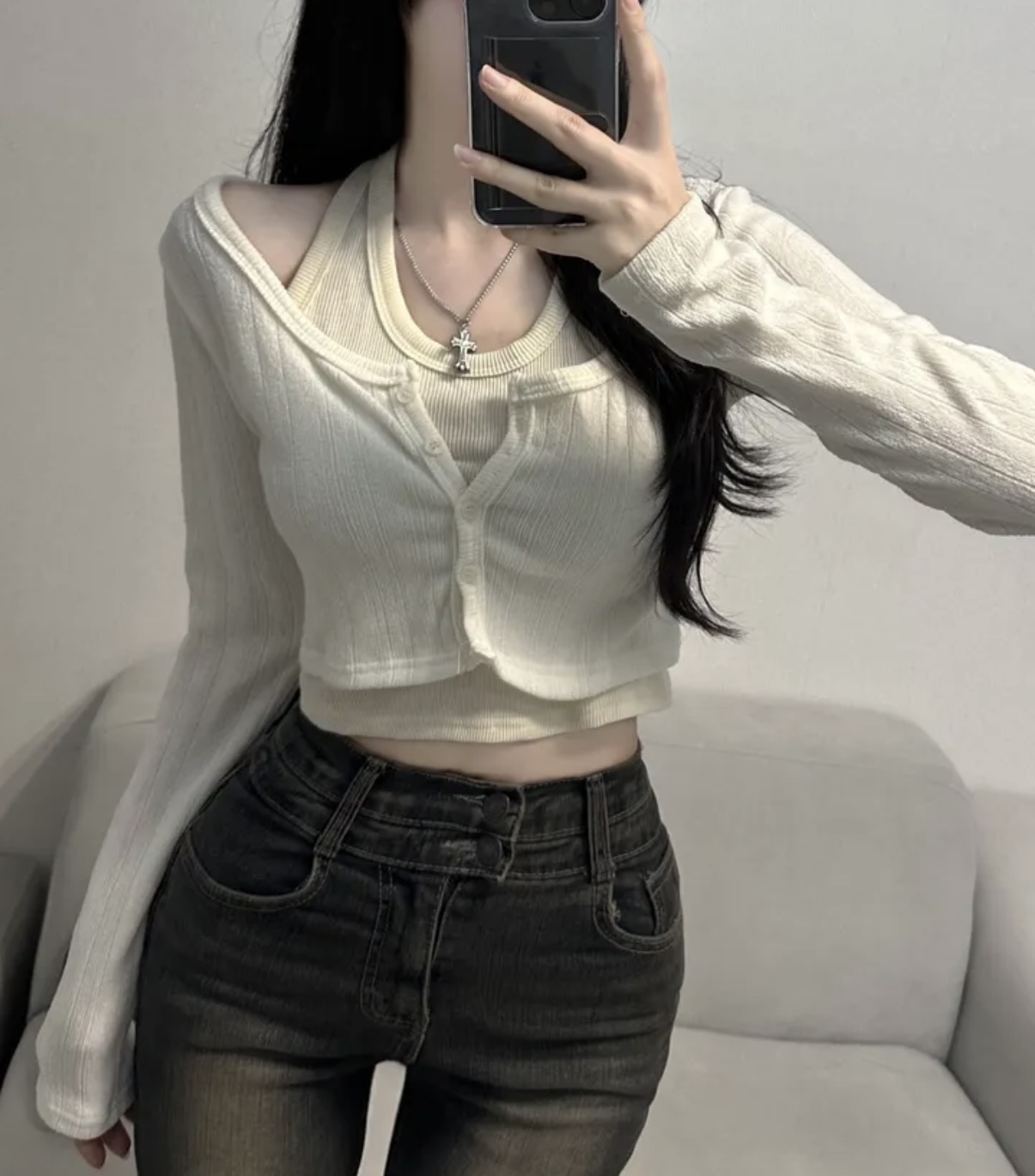 兩件式 顯瘦短版長袖上衣