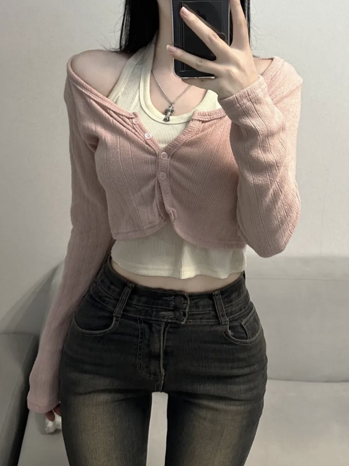 兩件式 顯瘦短版長袖上衣