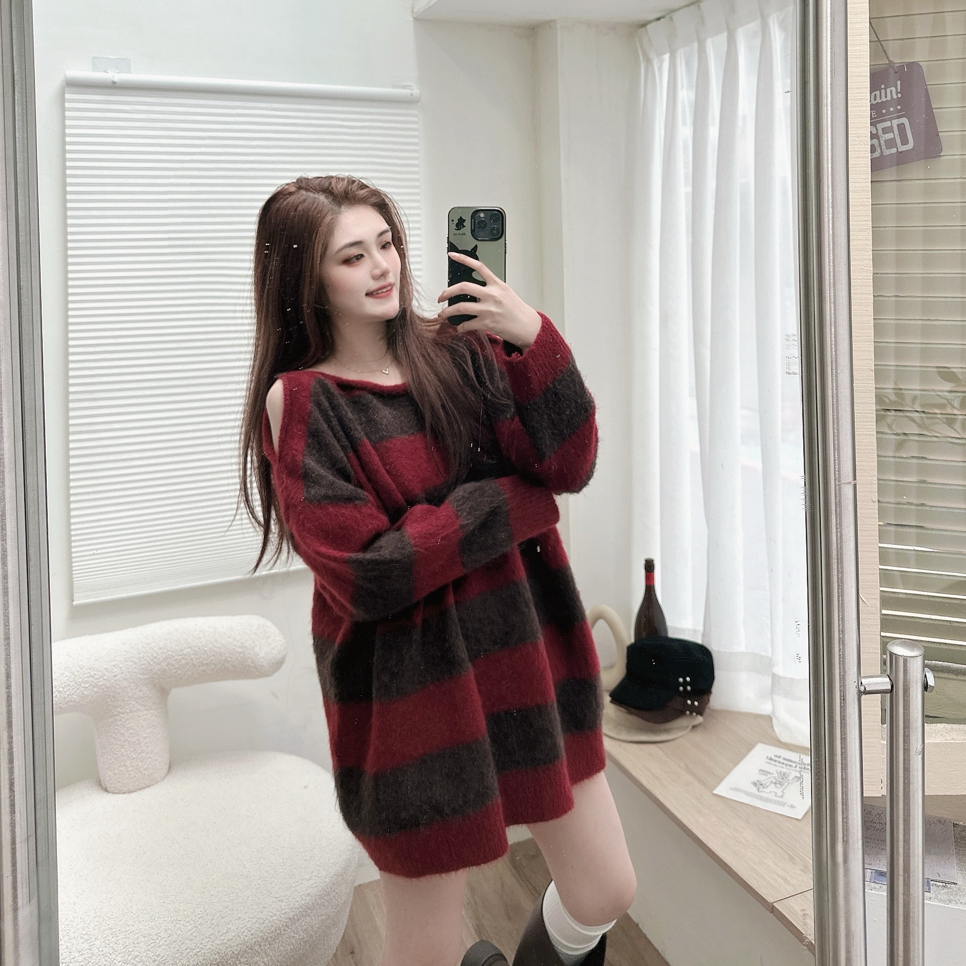 海毛撞色條紋挖肩毛衣/二色