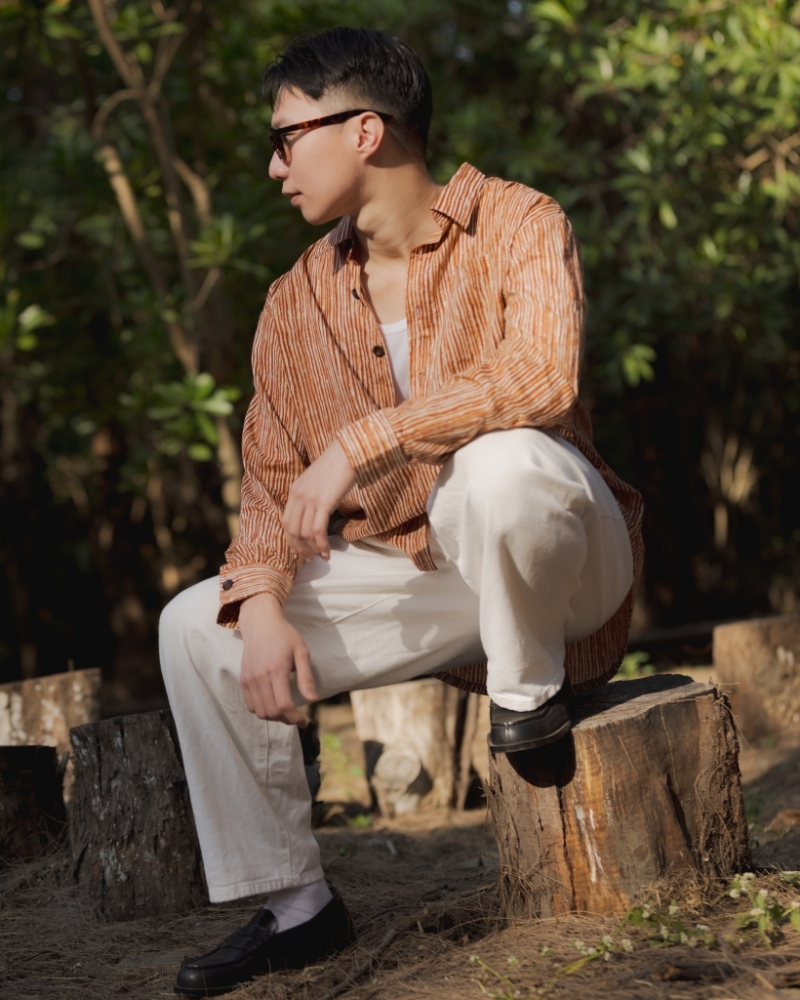 印度蓋染工藝純棉 長袖襯衫 - 晚霞紅