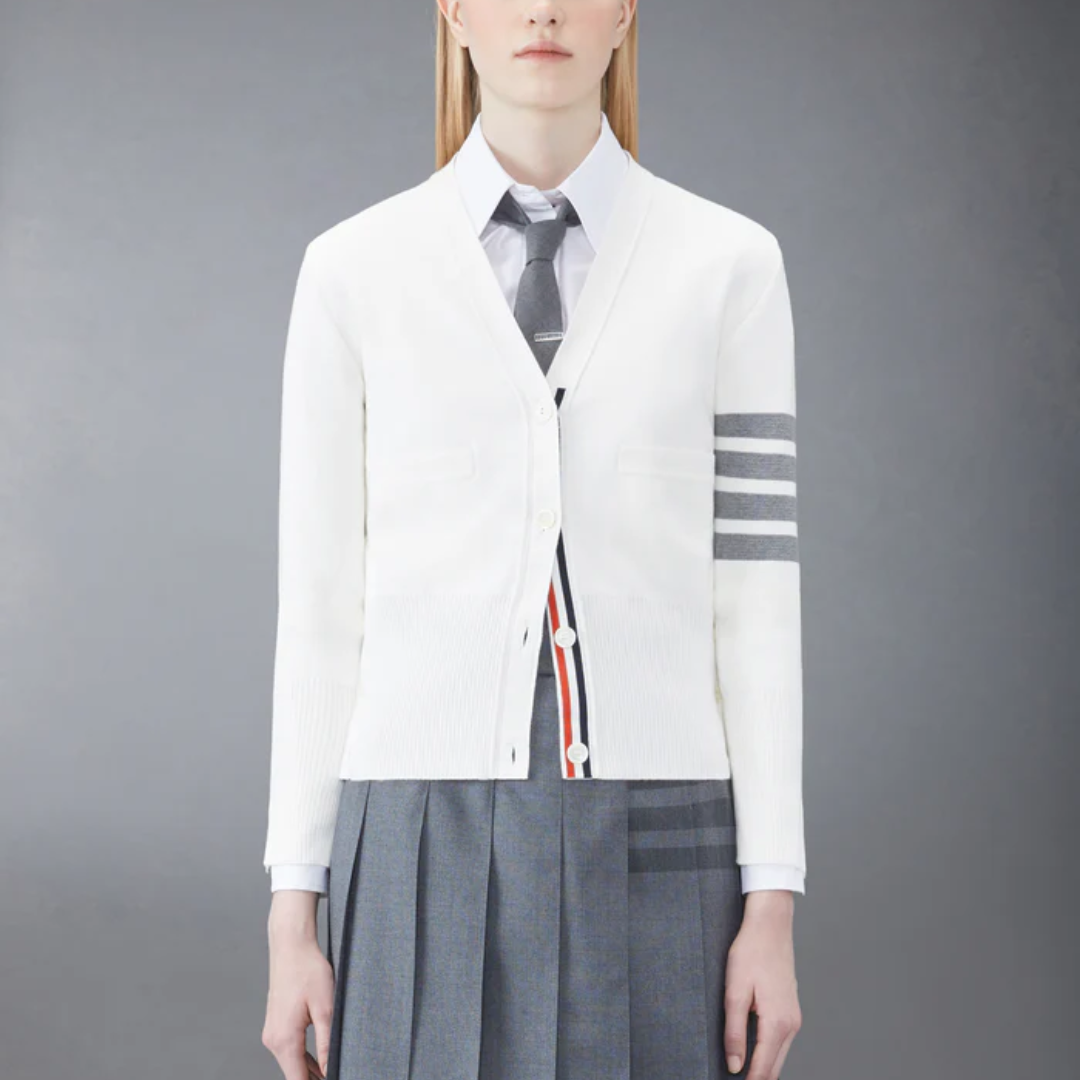 1FF0101-346 [THOM BROWNE] Cotton 4-Bar Milano Classic V-Neck Cardigan White (SS26) #FKC207A-00219-100 (C-EU-E)