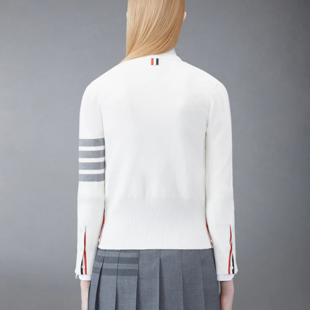 1FF0101-346 [THOM BROWNE] Cotton 4-Bar Milano Classic V-Neck Cardigan White (SS26) #FKC207A-00219-100 (C-EU-E)