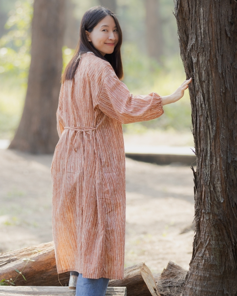 印度蓋染工藝純棉 長袖長版洋裝/罩衫 - 晚霞紅