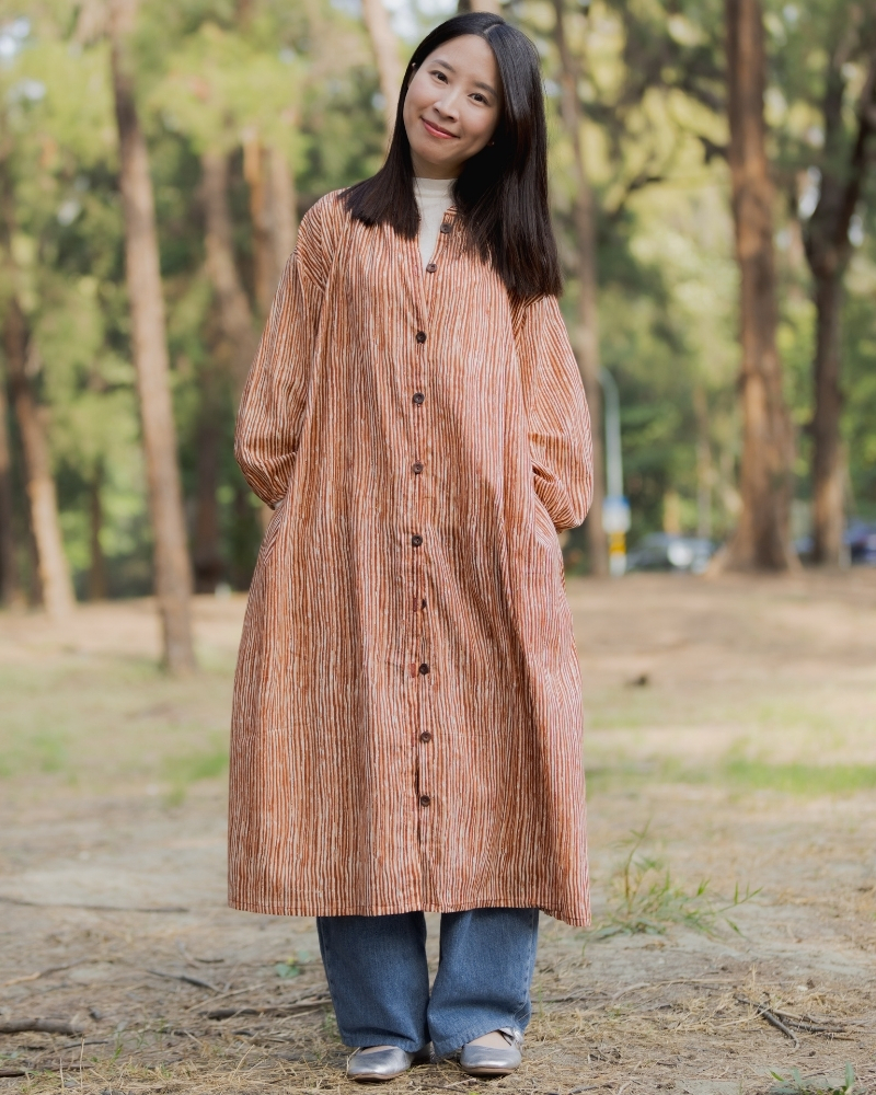 印度蓋染工藝純棉 長袖長版洋裝/罩衫 - 晚霞紅