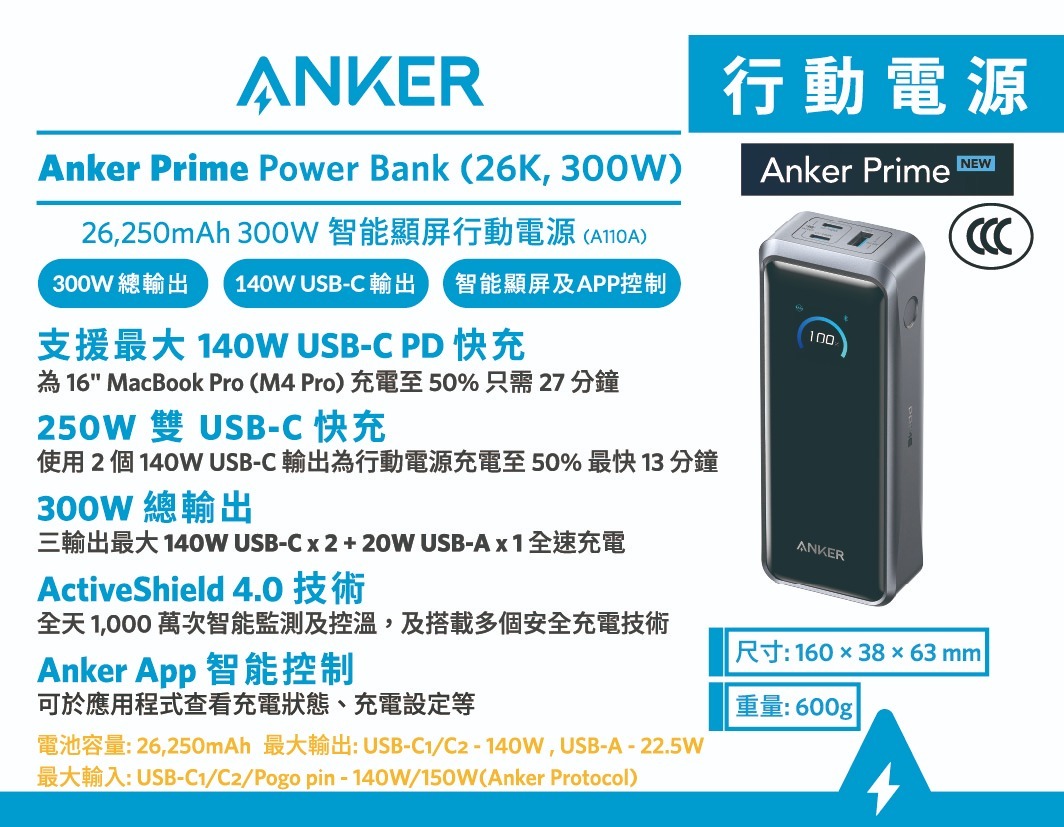 Anker Prime Power Bank (26K, 300W) 140W USB-C PD 26250mAh 行動電源 A110A