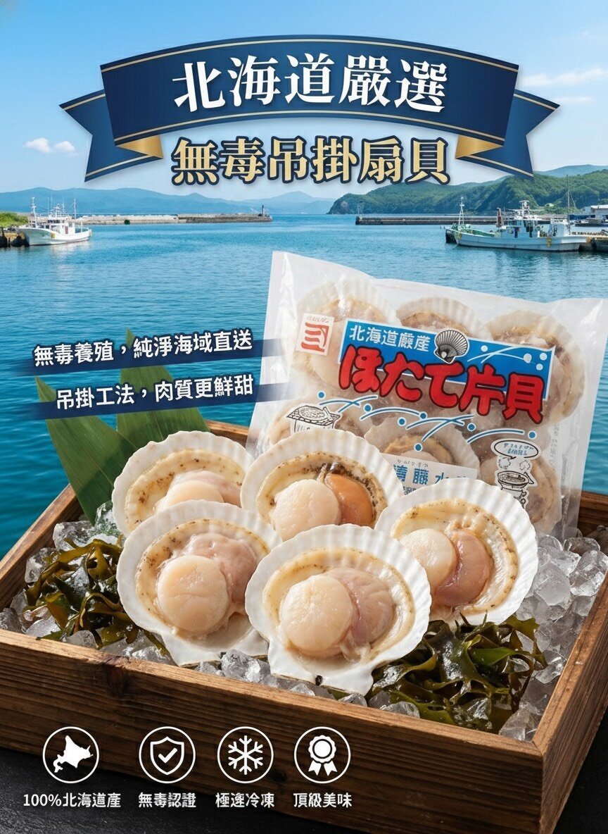 北海道產無毒吊掛扇貝