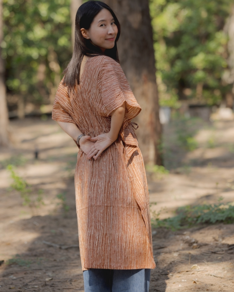 印度蓋染工藝純棉 蝴蝶連身裙 - 晚霞紅